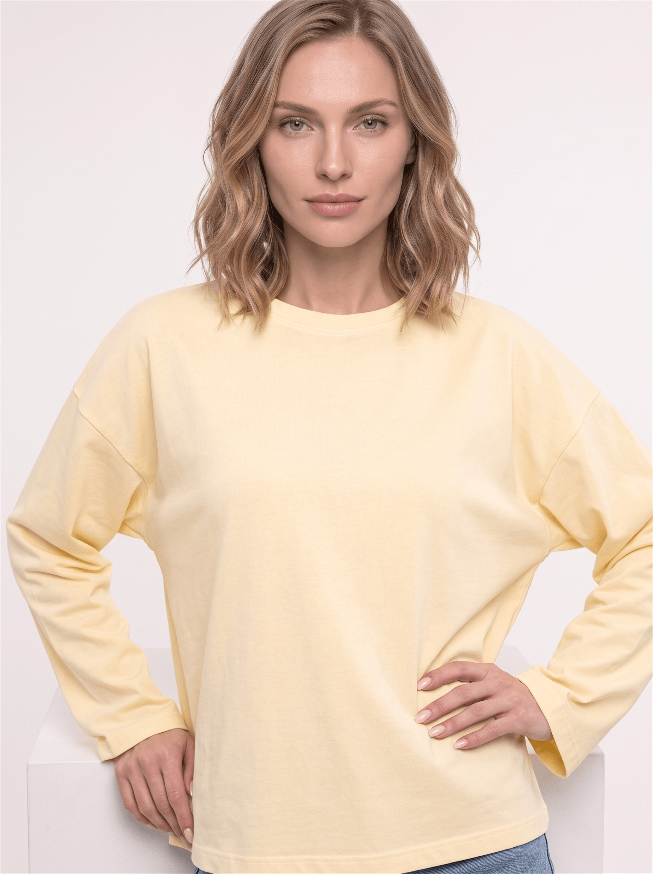 Kadın %100 Pamuk Bisiklet Yaka Uzun Kollu T-shirt Sarı 