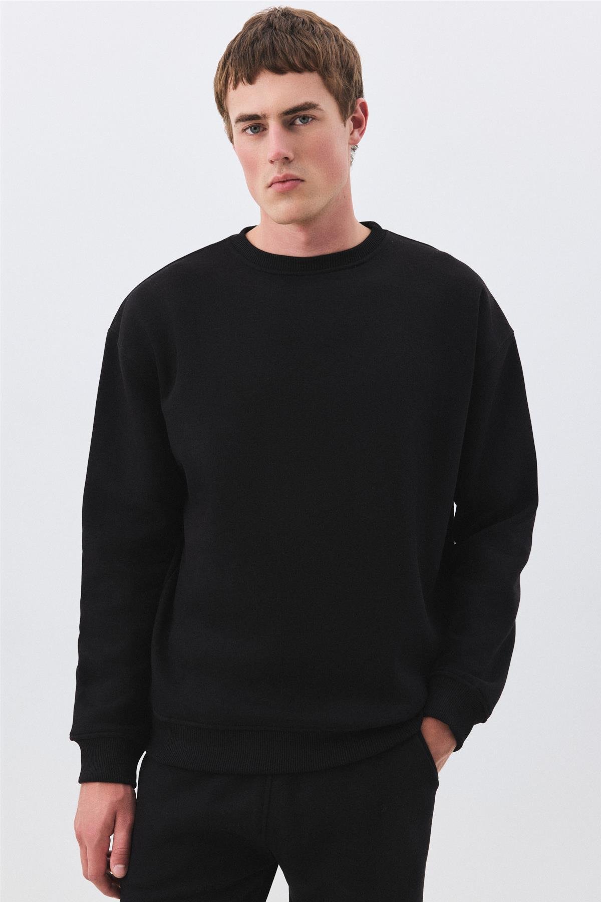 Erkek Premium Bisiklet Yaka Sweatshirt Siyah 2031