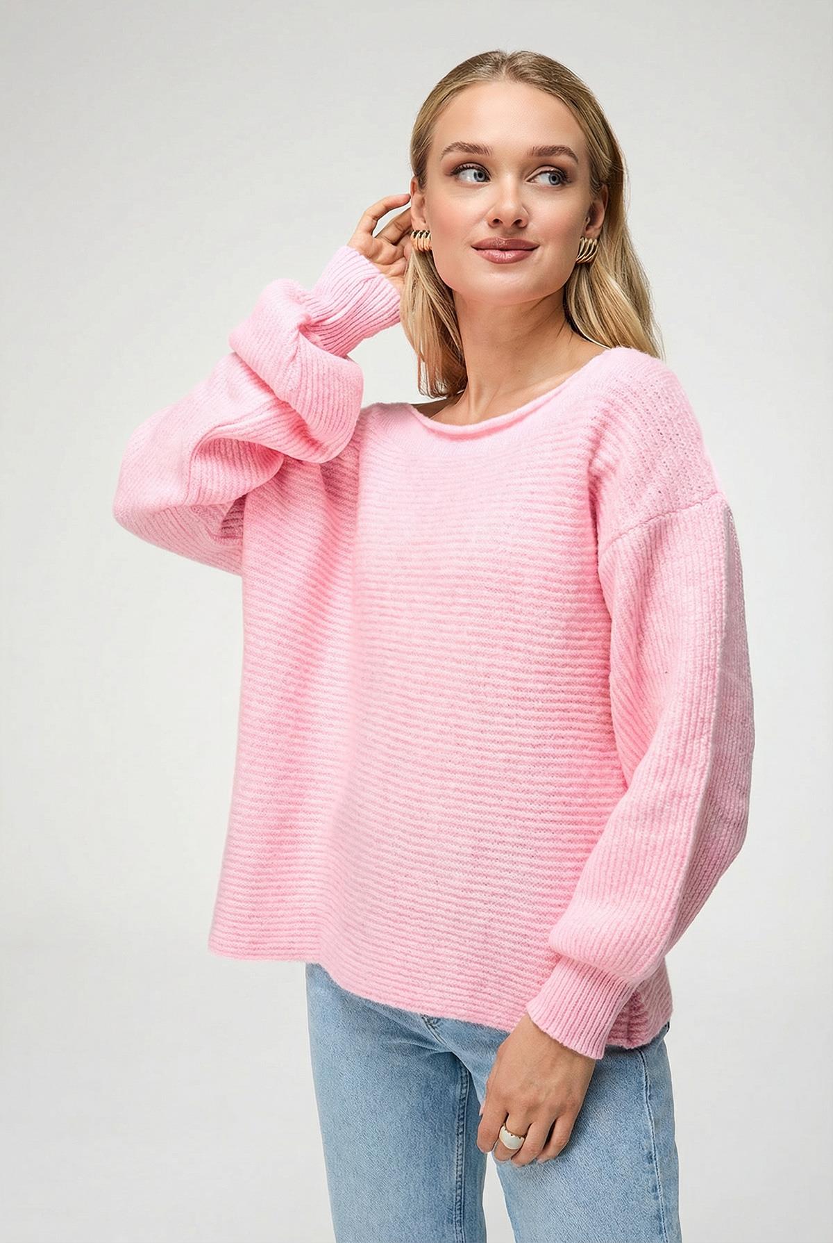 Kadın Açık Omuzlu Yün Karışımlı Oversize Kazak Pembe