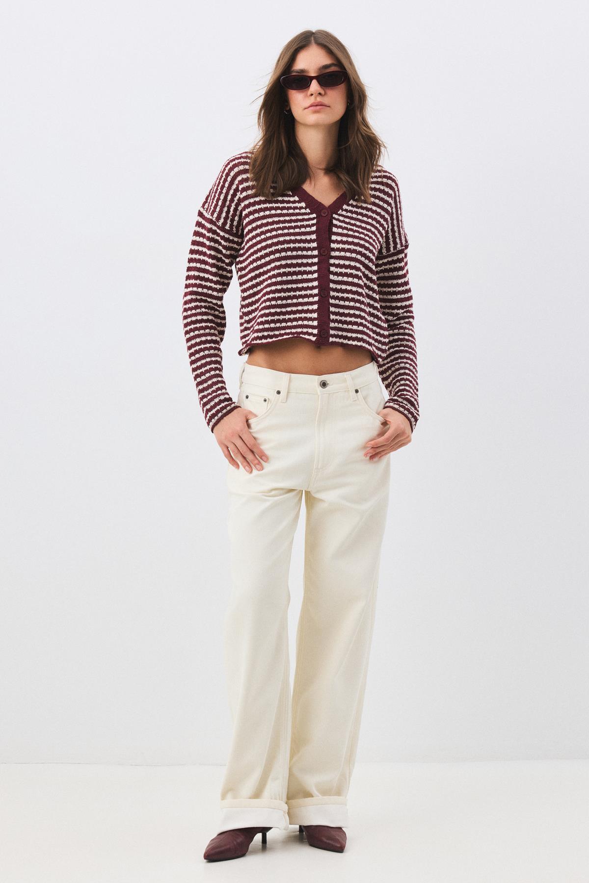 Kadın V Yaka İnce Çizgili Triko Hırka Bordo 6948