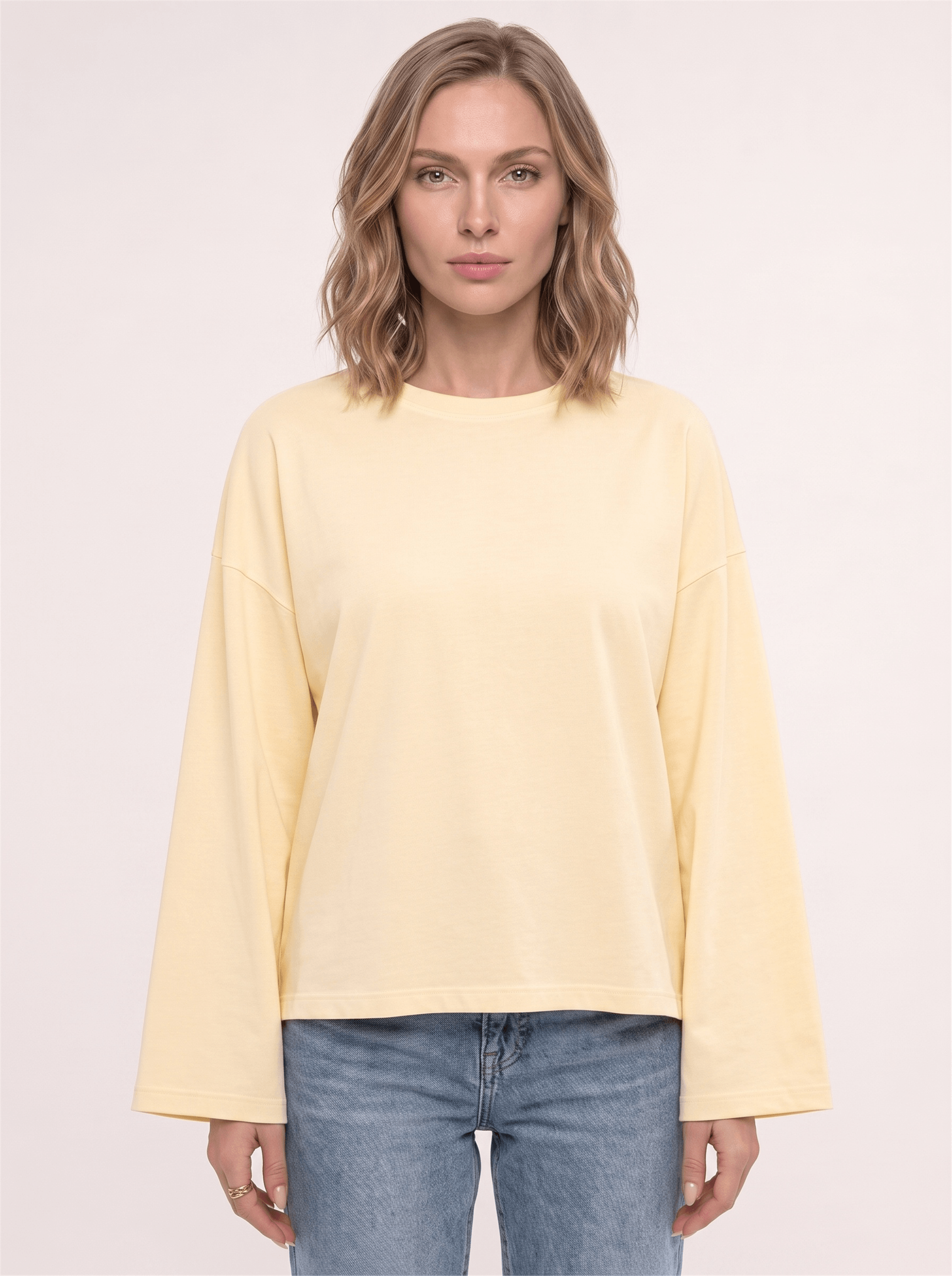 Kadın %100 Pamuk Bisiklet Yaka Uzun Kollu T-shirt Sarı 