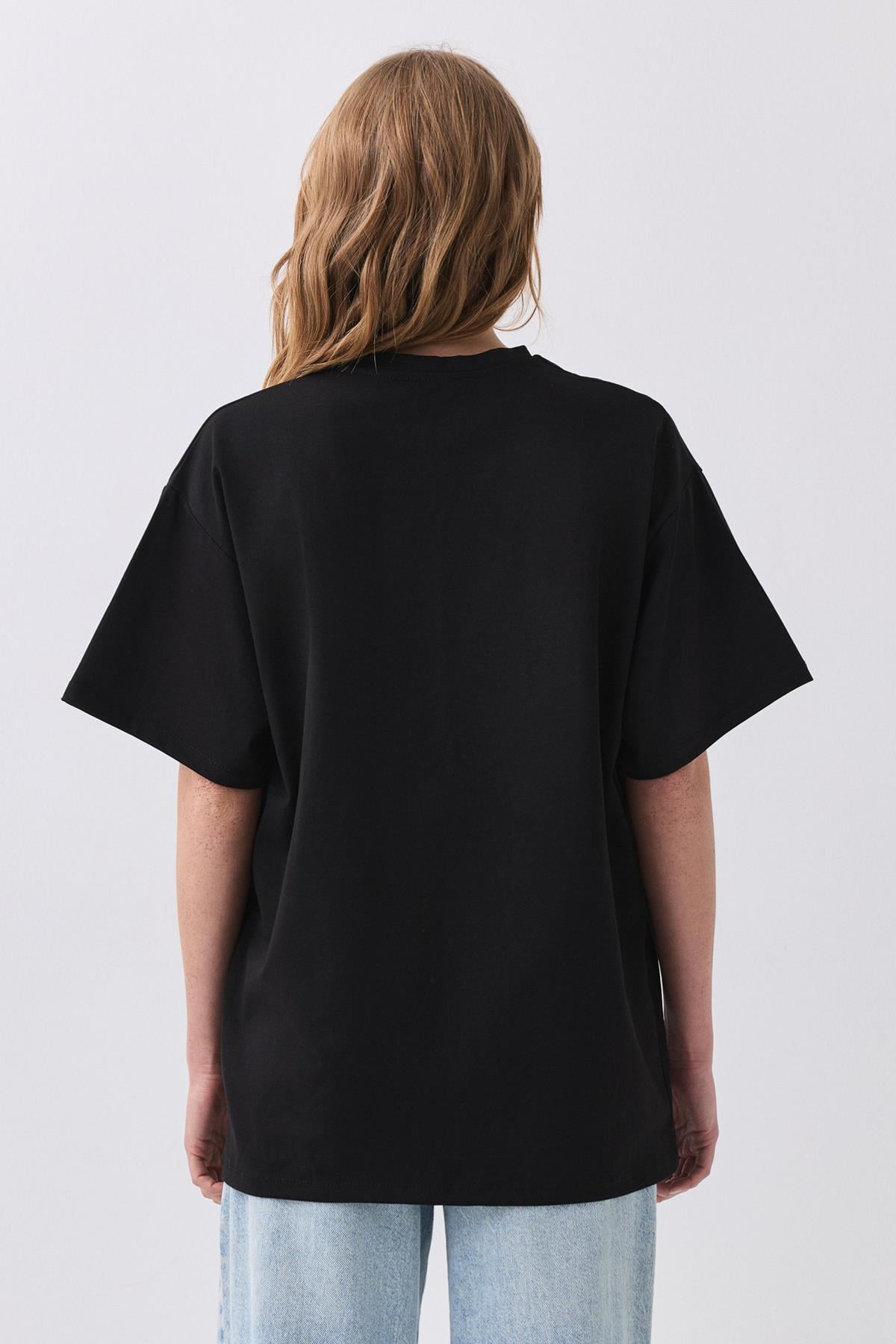 Kadın Pamuk Oversize Basic Tshirt Siyah 5012