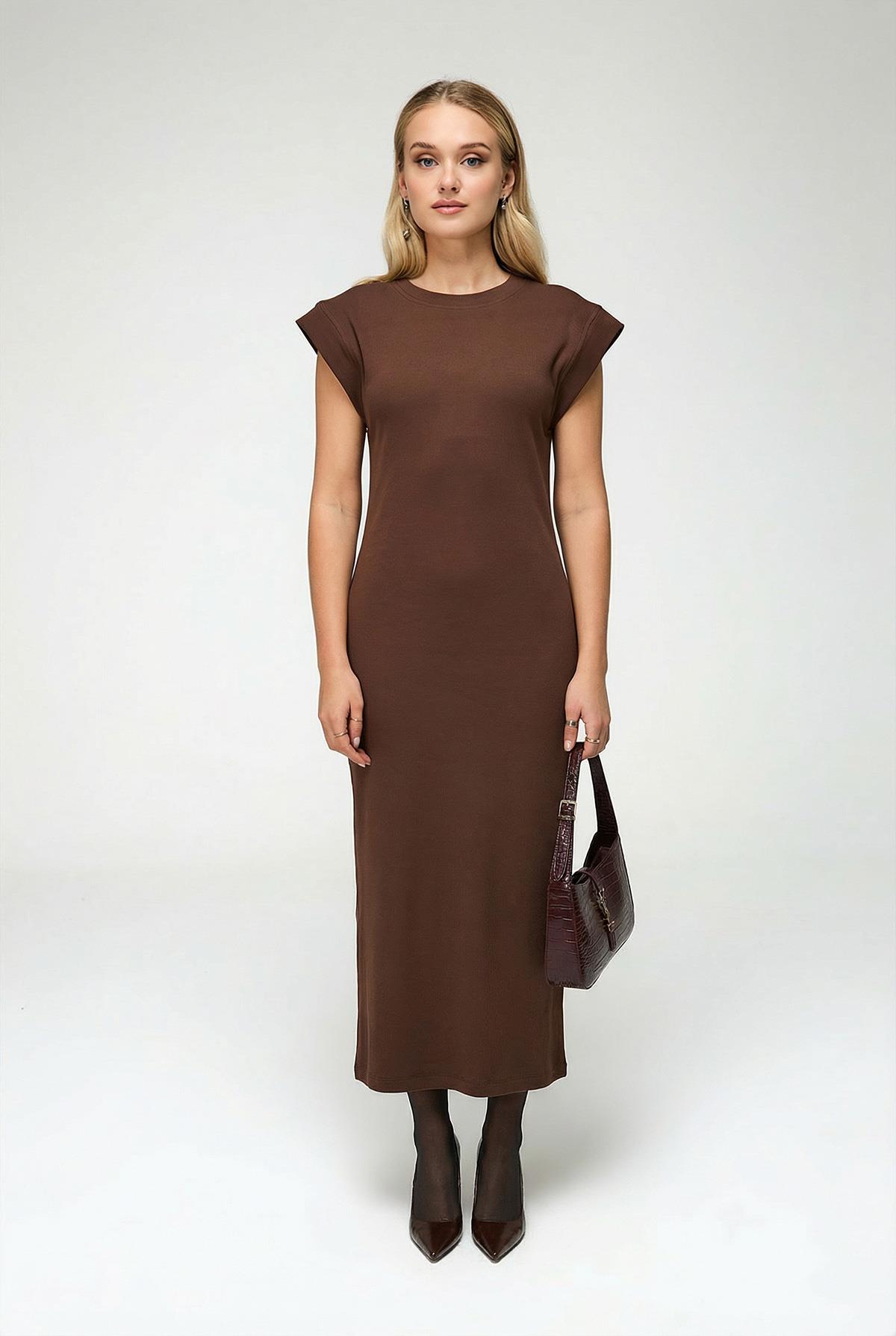 Kadın Yarasa Kol Uzun Elbise Kahve