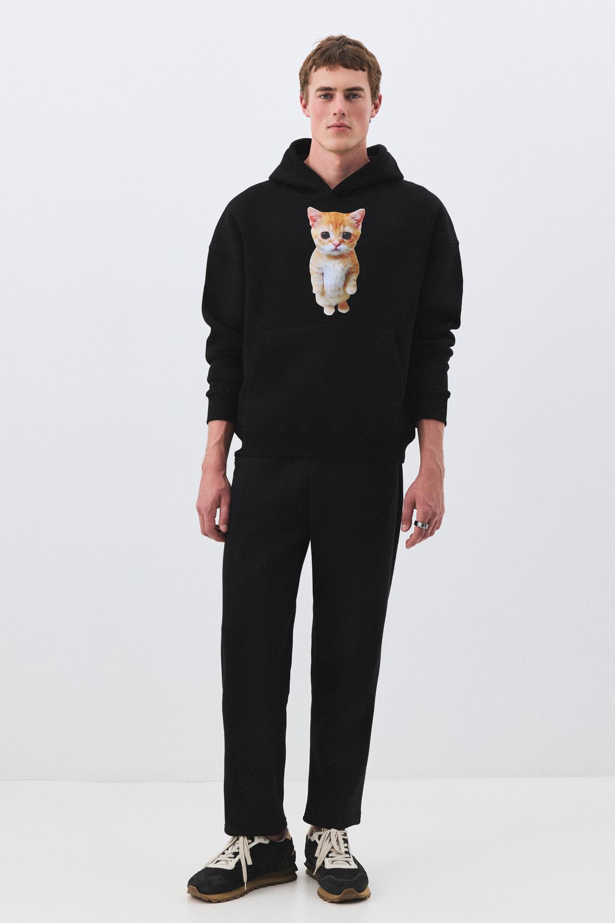 Unisex Sad Cat Sweatshirt Siyah