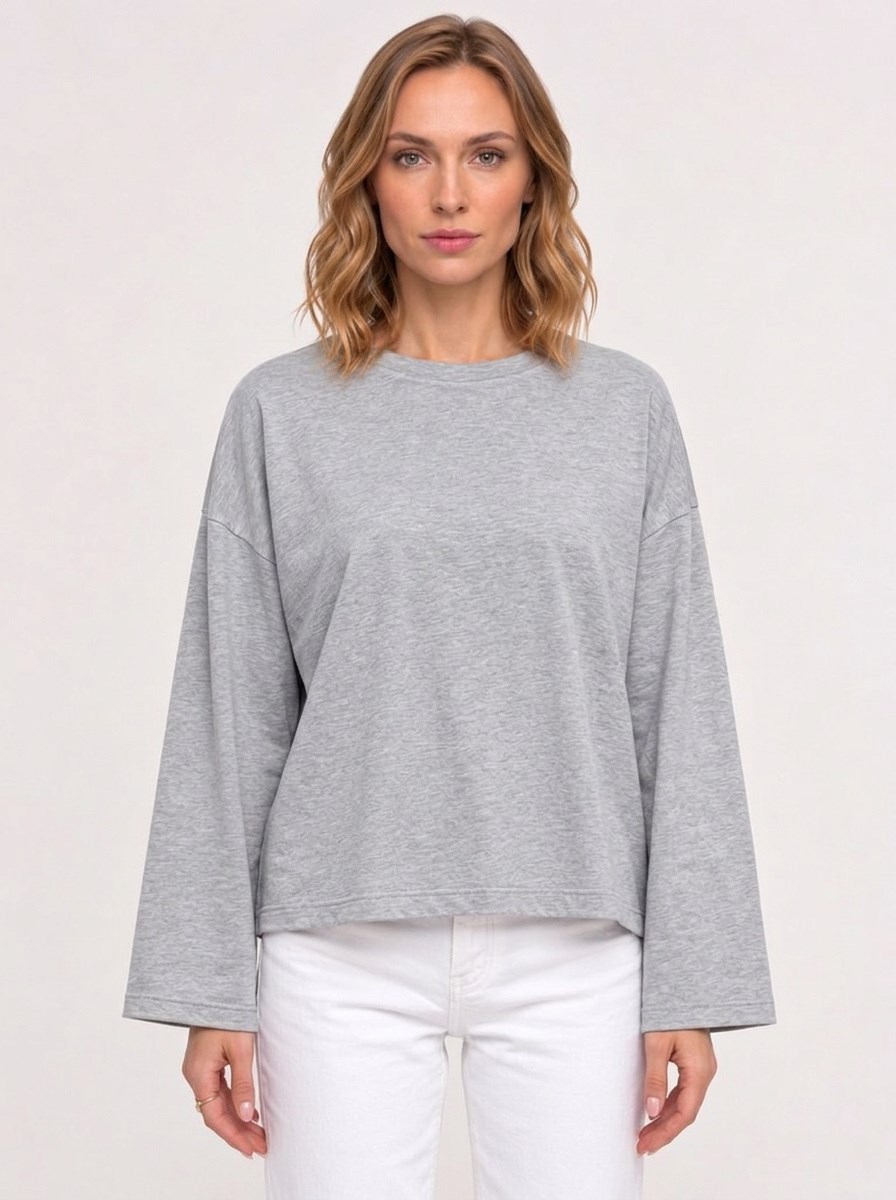 Kadın %100 Pamuk Bisiklet Yaka Uzun Kollu T-shirt Grimelanj