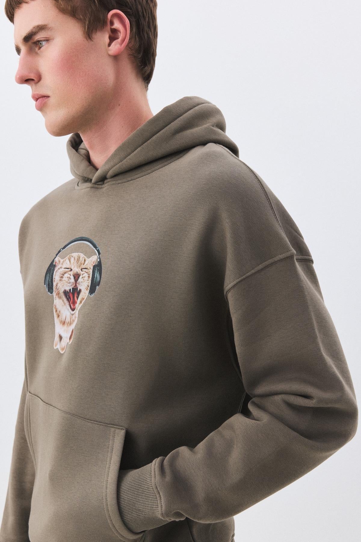 Unisex Kulaklıklı Kedi Sweatshirt Antrasit