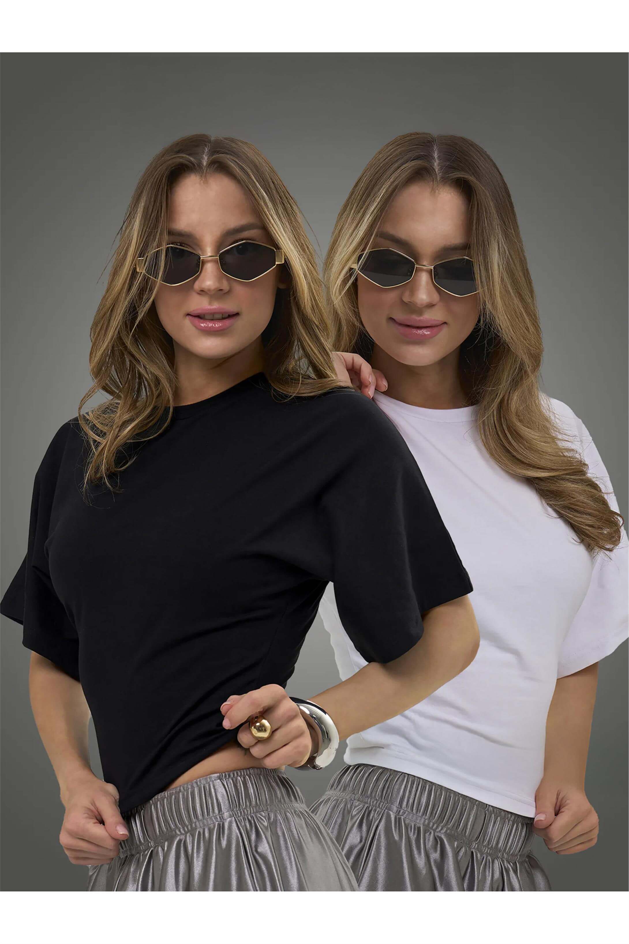 Kadın Bele Oturan Geniş Kollu Premium Bluz 2 li Paket Siyah Beyaz