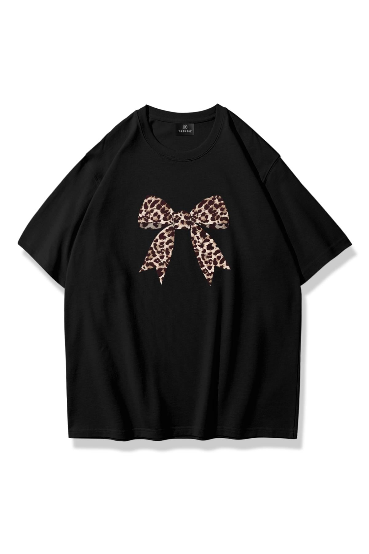 Kadın Leopar Kurdele Tshirt Siyah