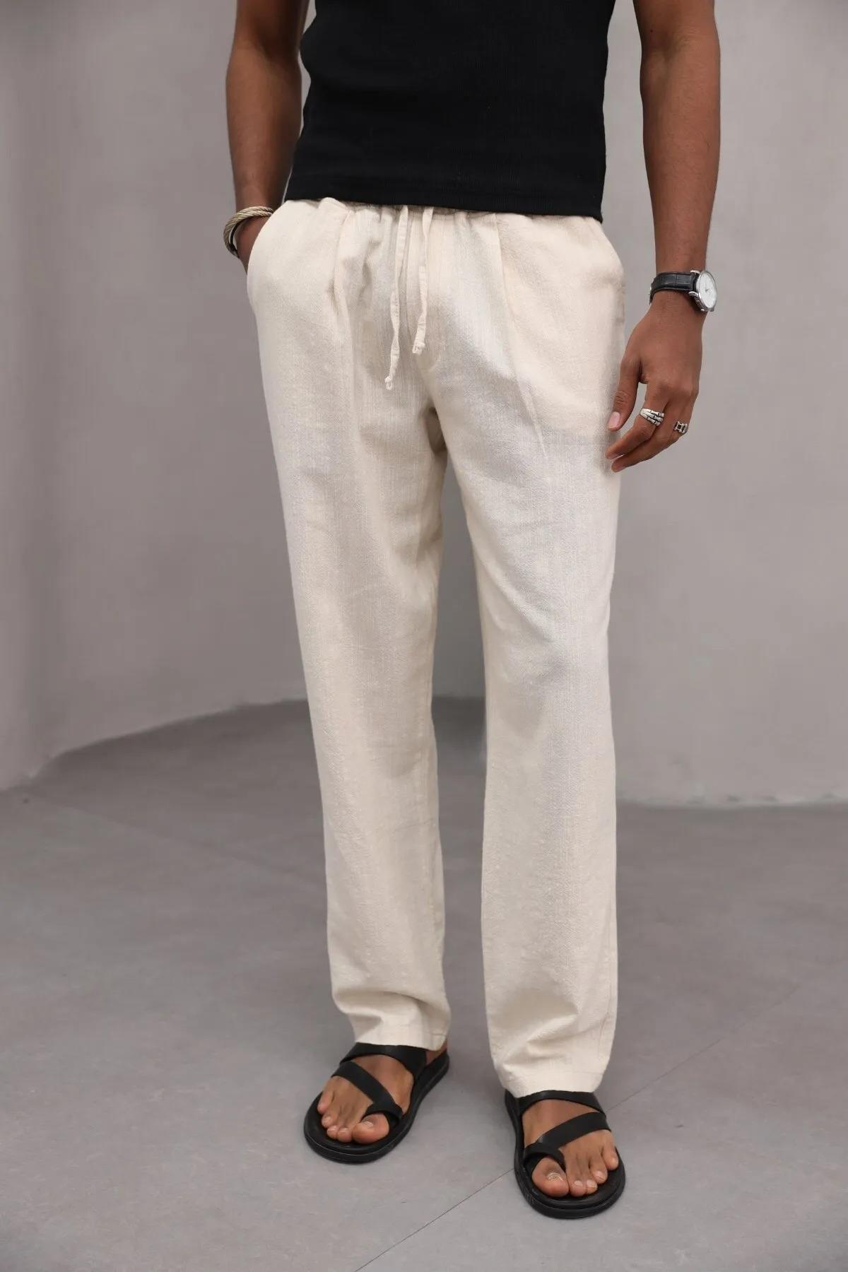 Erkek Premium Rahat Kesim %100 Cotton Bağcıklı Erkek Pantolon Bej