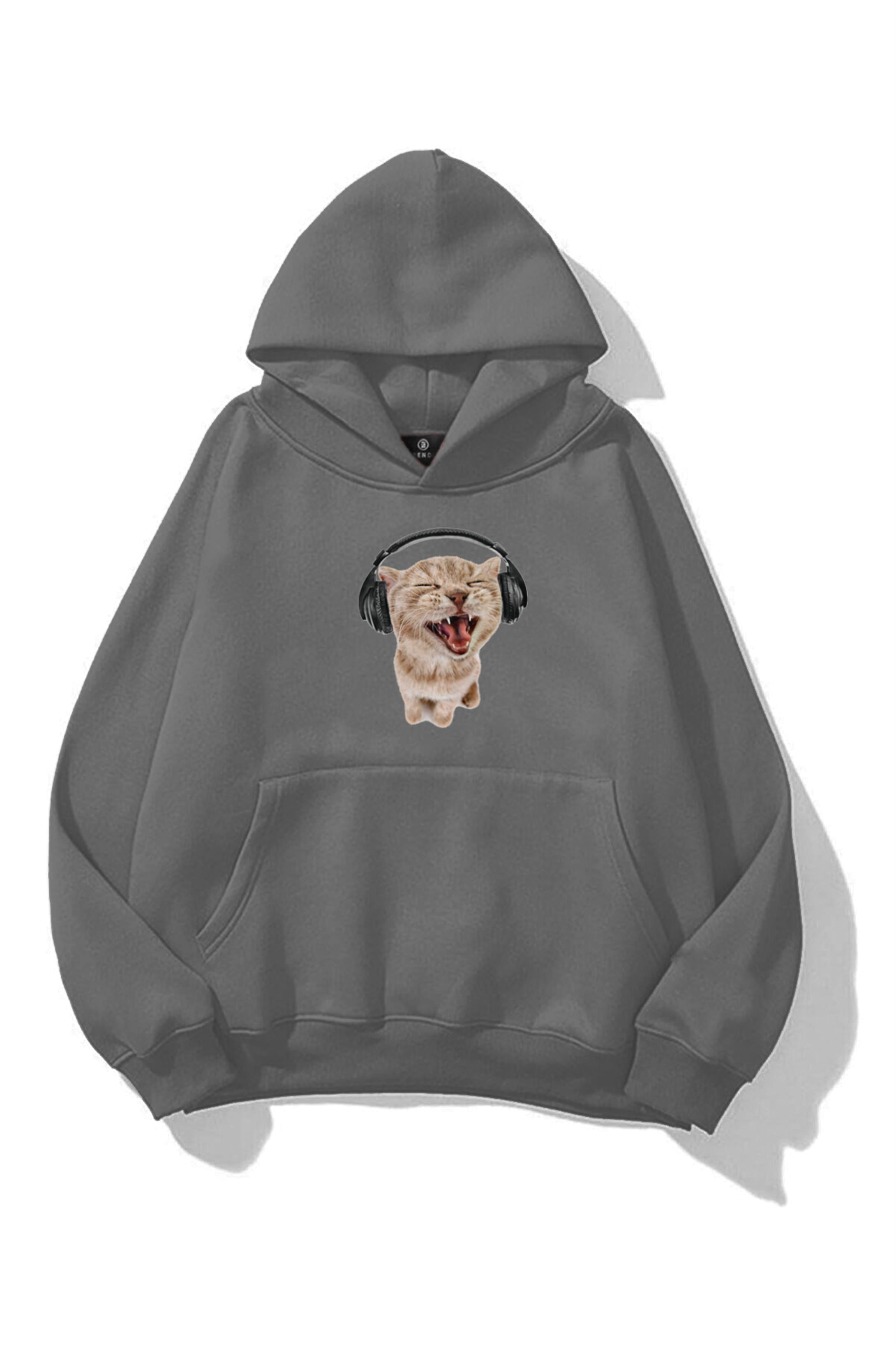 Unisex Kulaklıklı Kedi Sweatshirt Antrasit