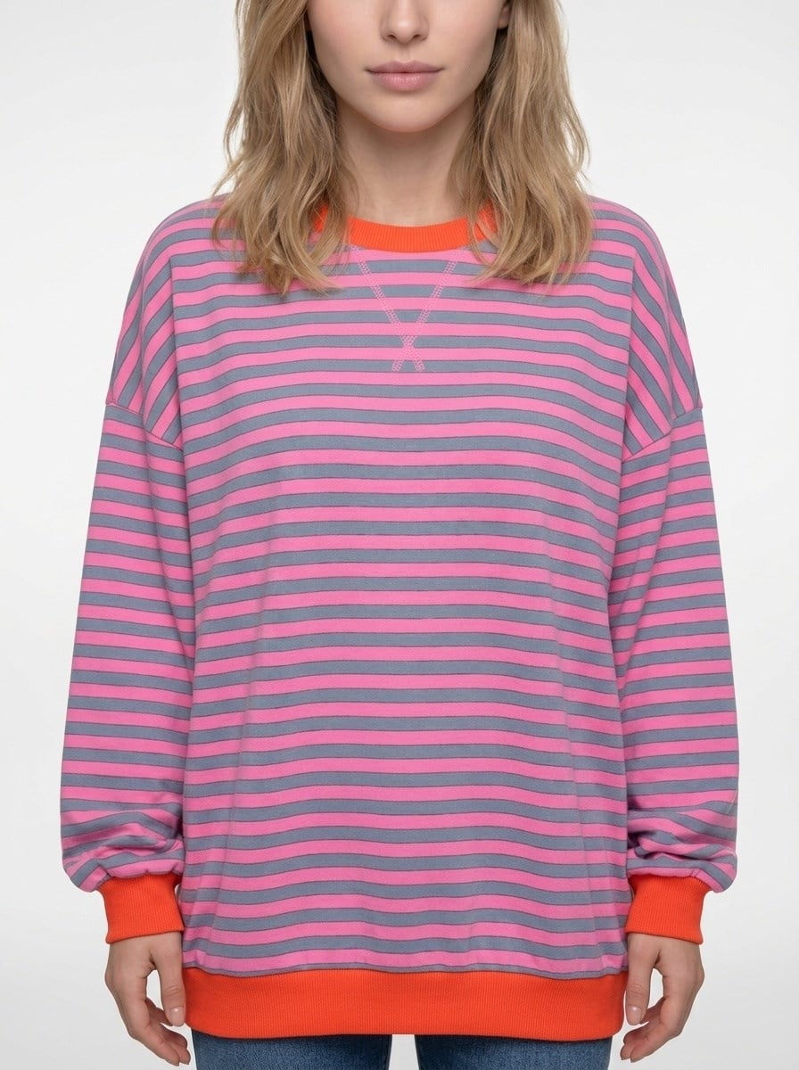 Kadın Çizgili Ribanalı Oversize Sweatshirt Gri Pembe