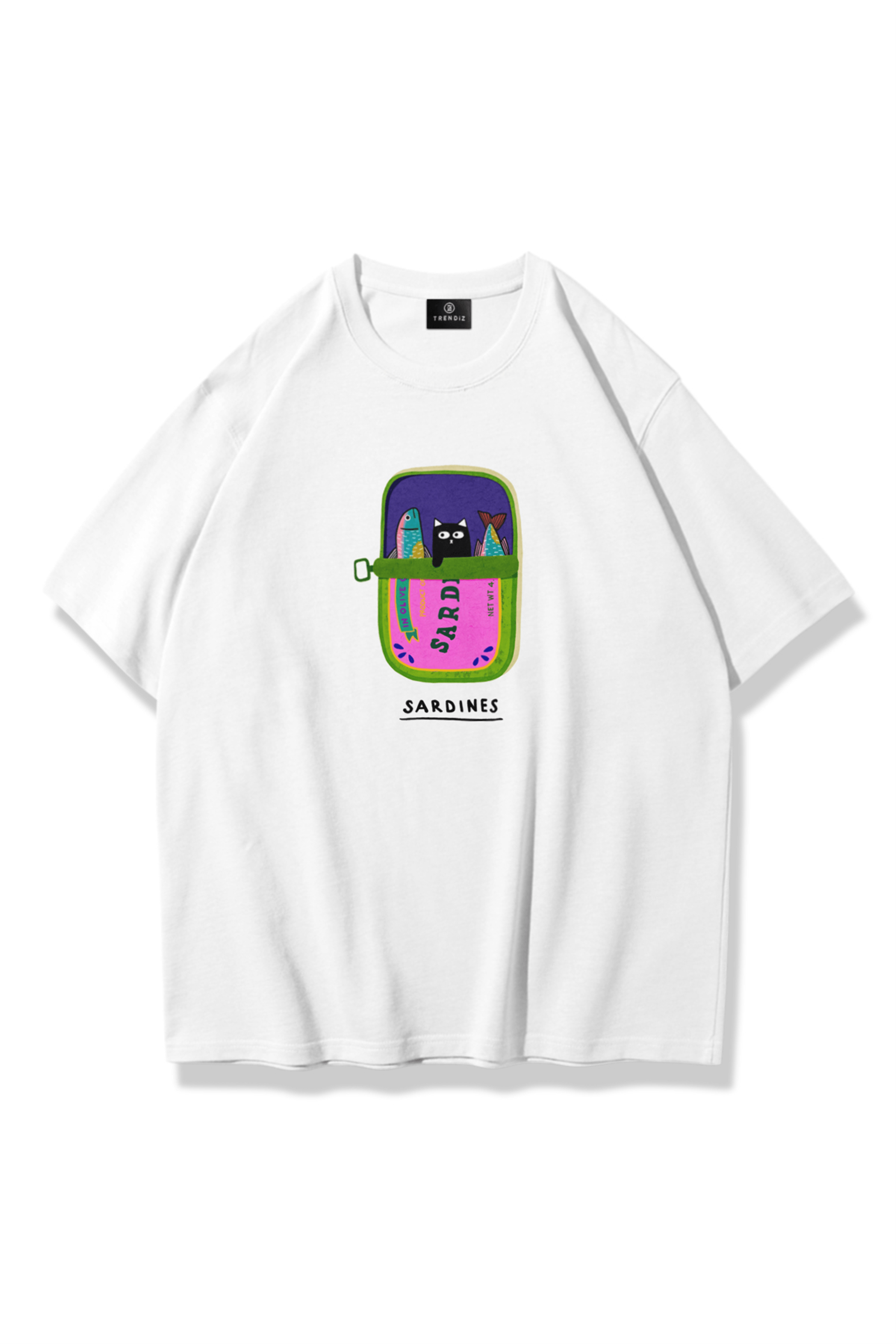 Unisex Sardines Cat Tshirt Beyaz