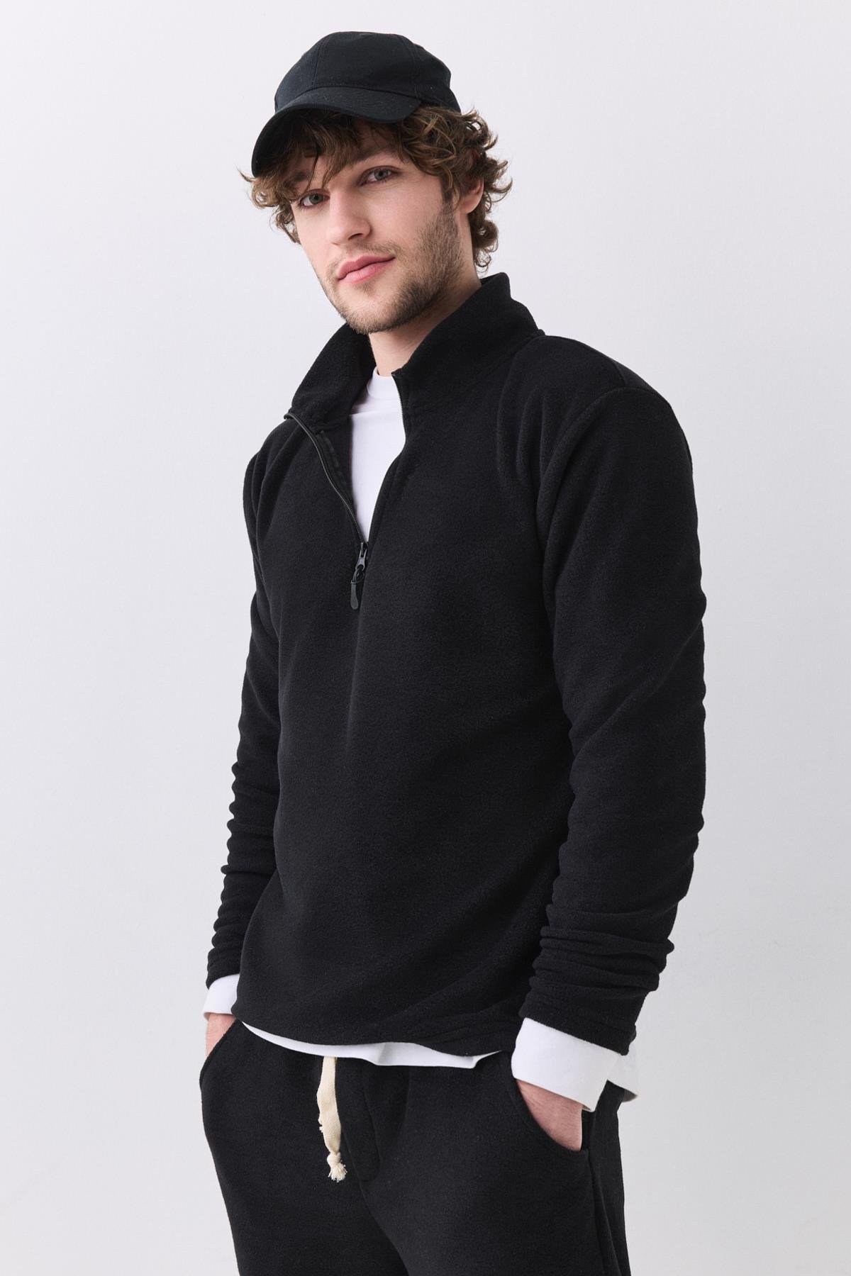 Erkek Polar Dik Yaka Sweatshirt Siyah 2051