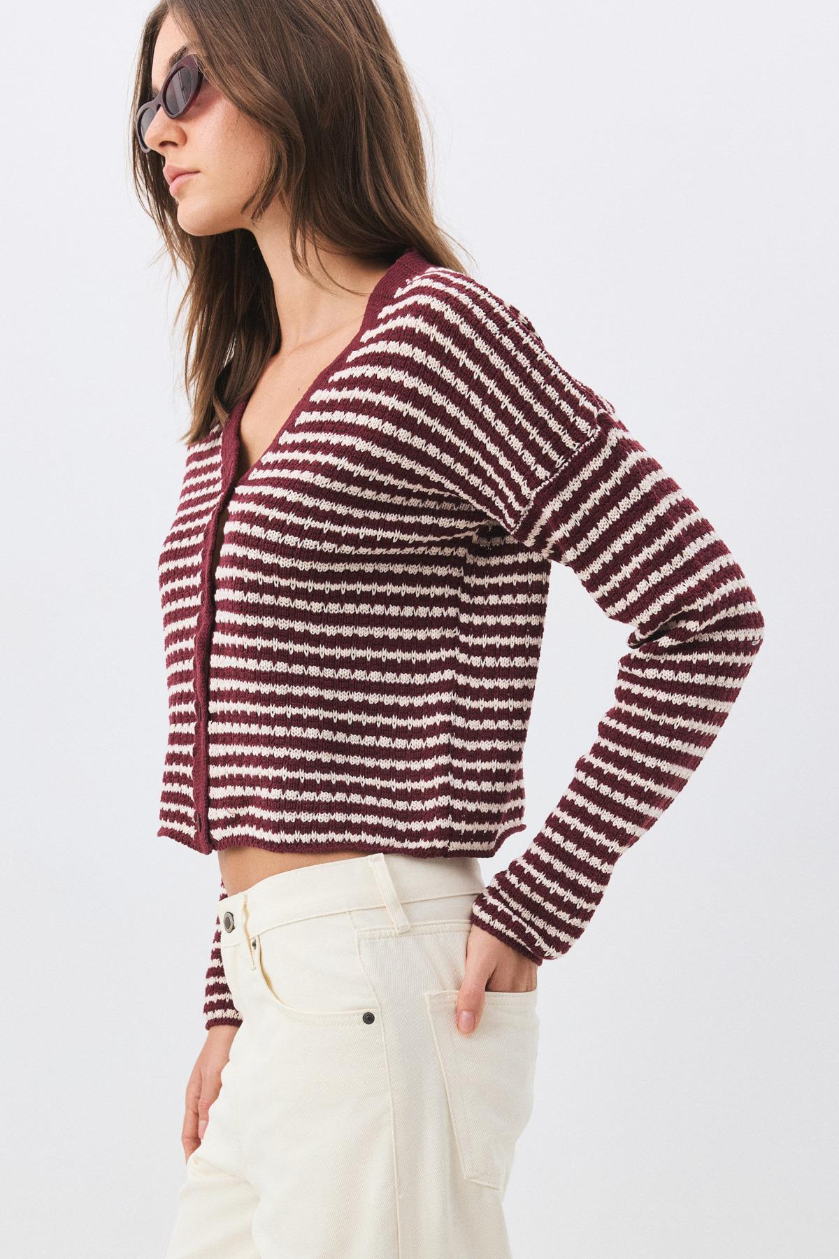 Kadın V Yaka İnce Çizgili Triko Hırka Bordo 6948