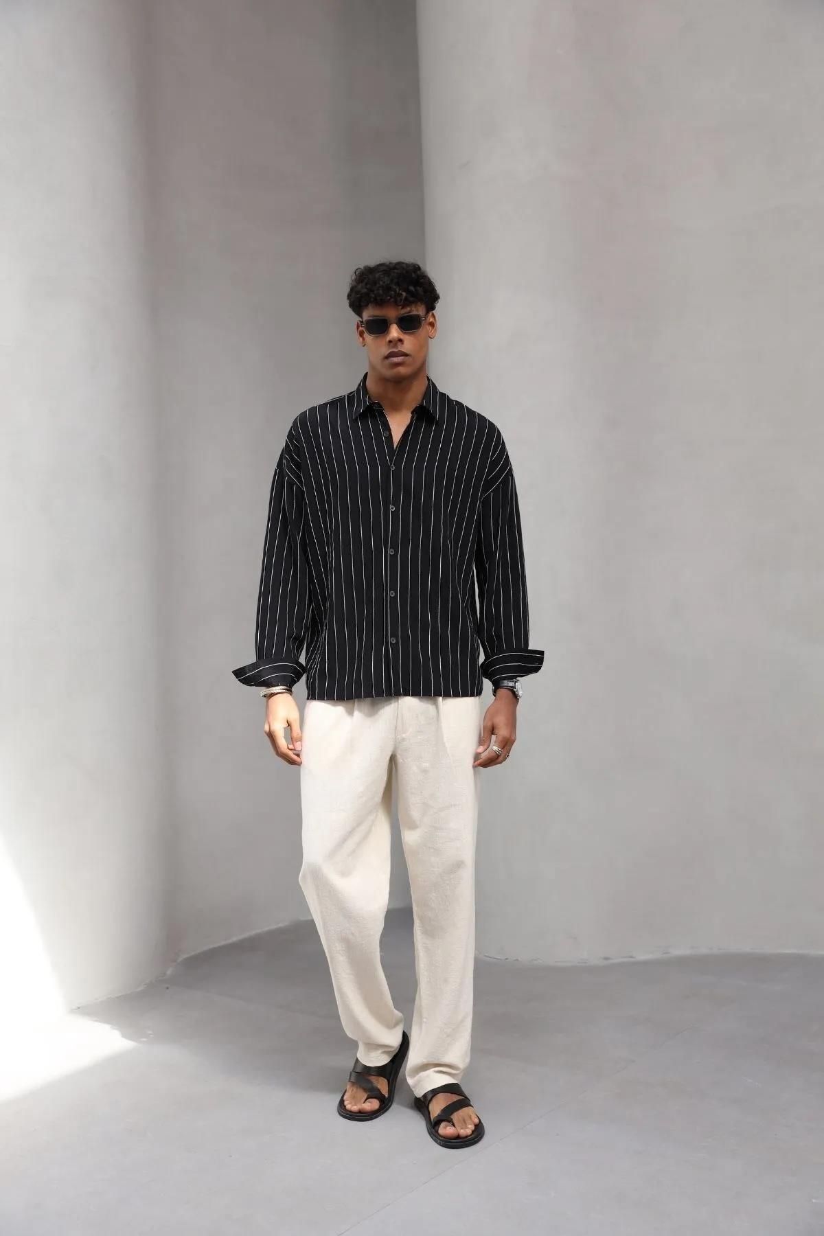 Erkek Premium Yumuşak Dokulu Çizgili Gömlek Siyah