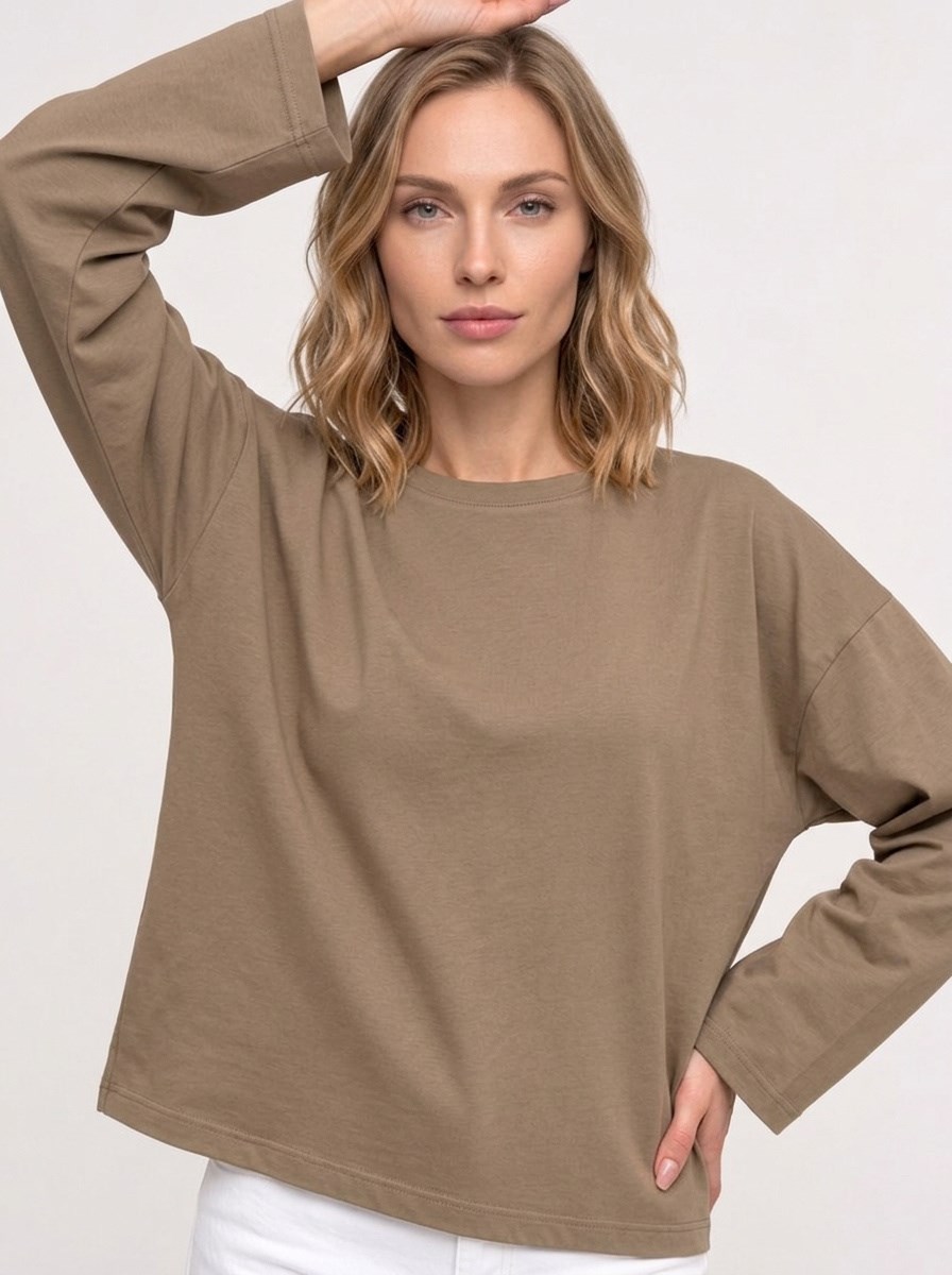 Kadın %100 Pamuk Bisiklet Yaka Uzun Kollu T-shirt Vizon