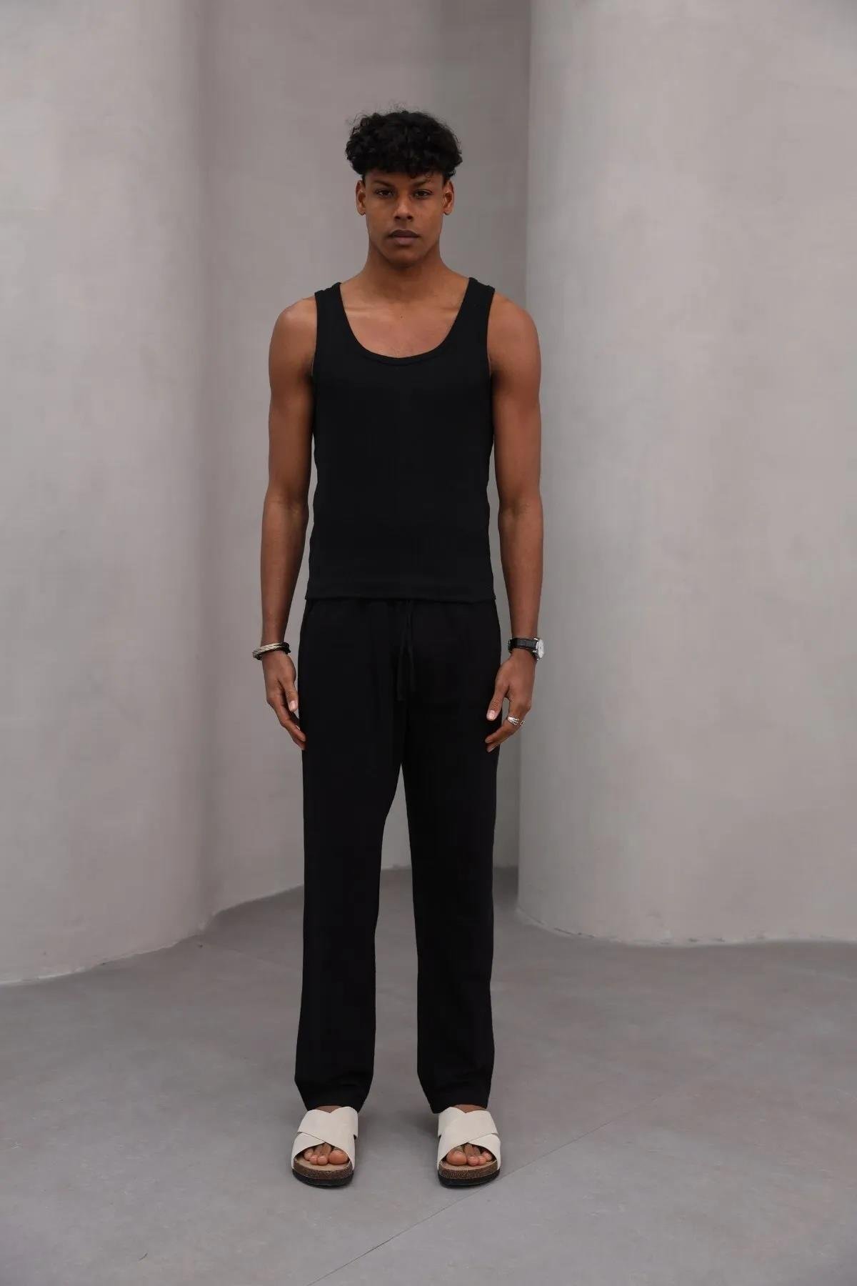 Erkek Premium Rahat Kesim %100 Cotton Bağcıklı Erkek Pantolon Siyah