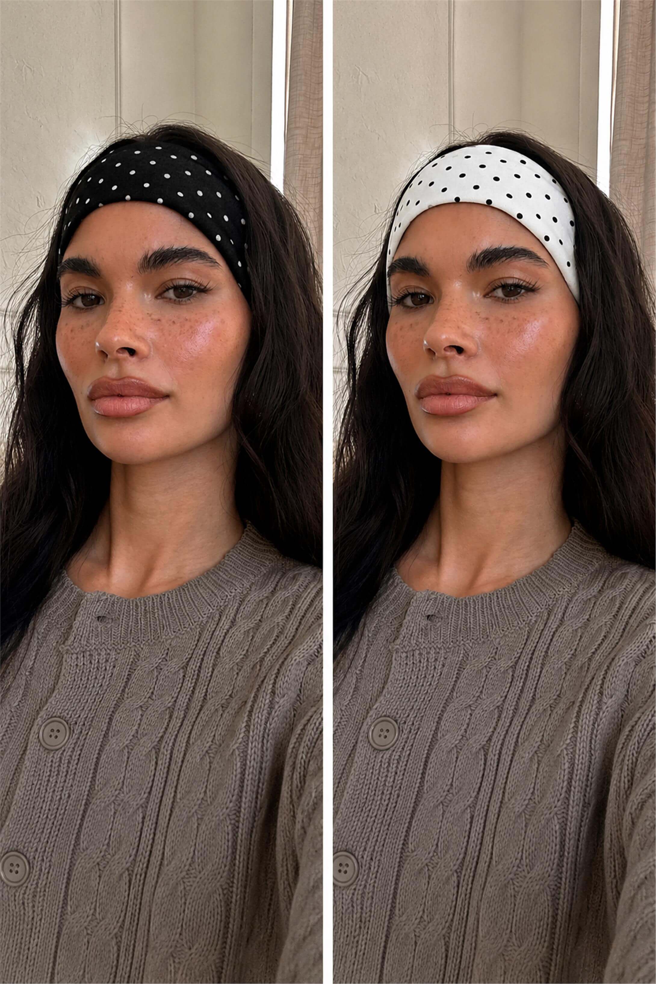 Kadın 2li Pamuklu Esnek Bandana Seti Puantiyeli Beyaz Puantiyeli Siyah