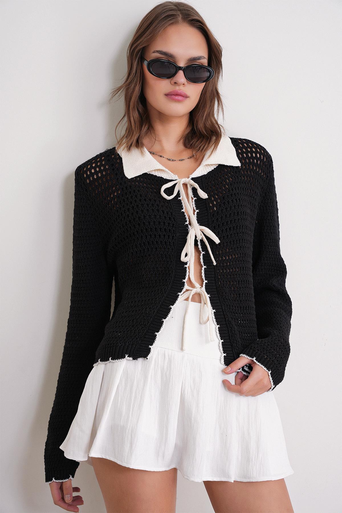 Kadın Ajurlu Bağlamalı Triko Hırka Siyah 6945