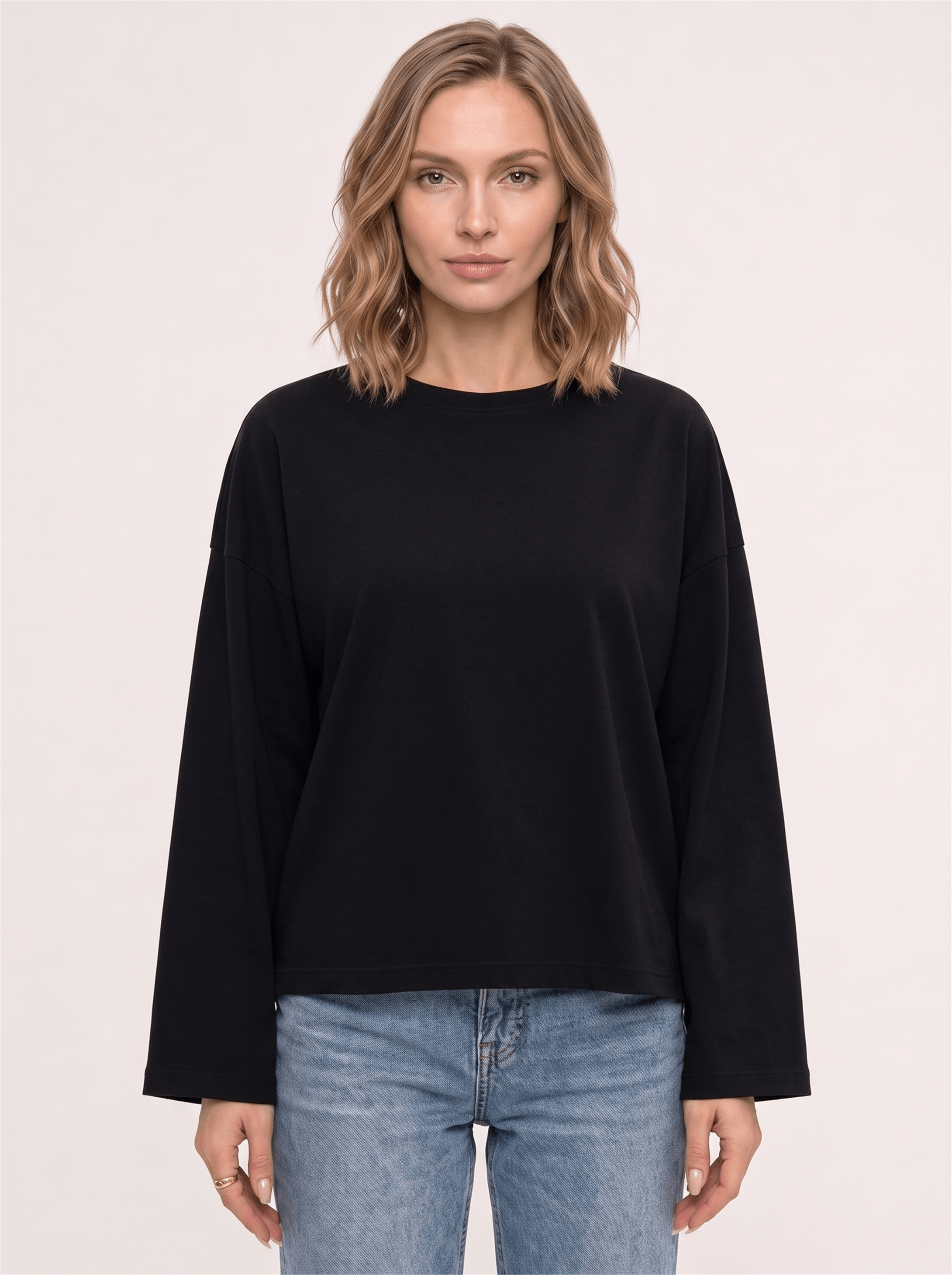 Kadın %100 Pamuk Bisiklet Yaka Uzun Kollu T-shirt Siyah
