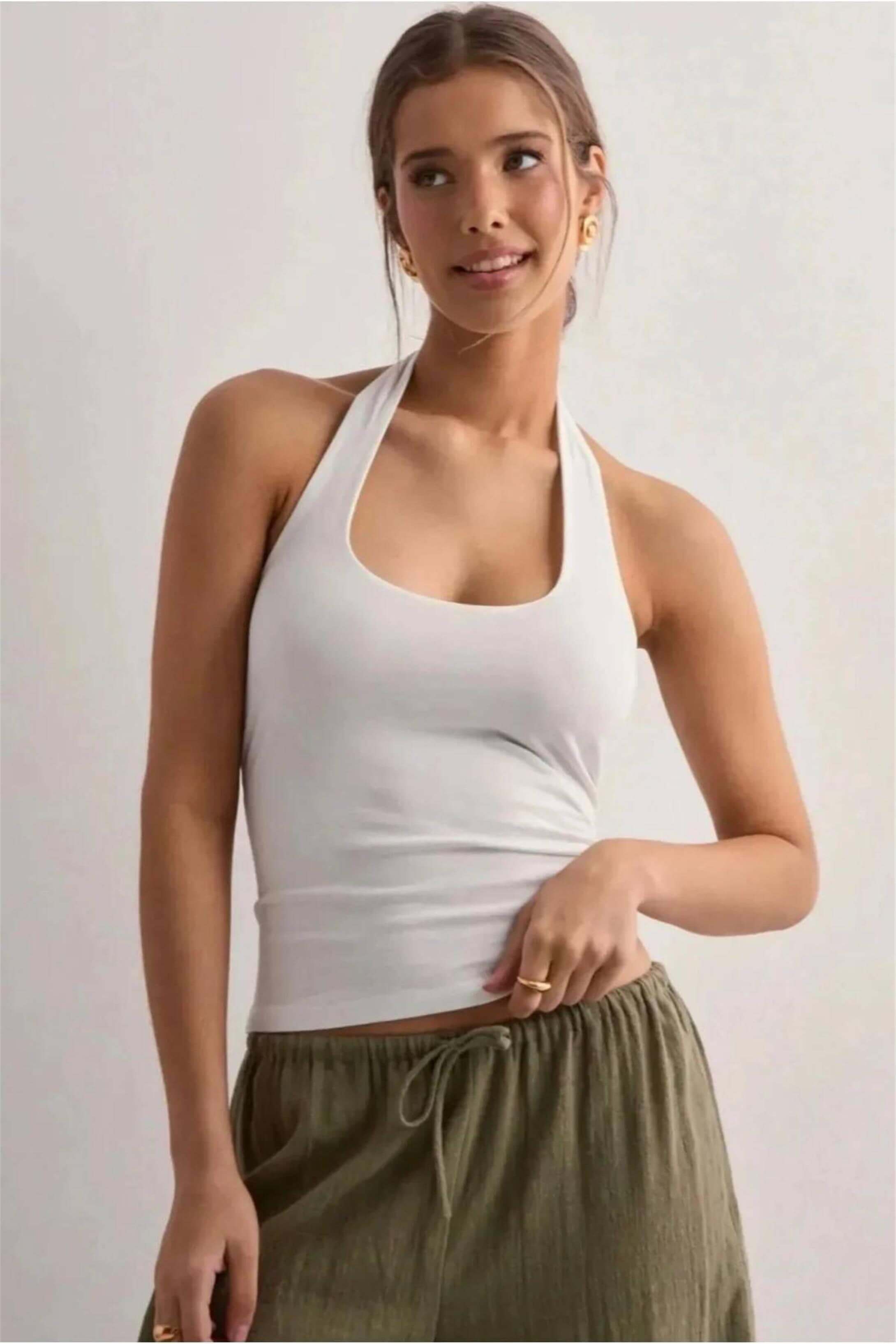 Kadın Halter Yaka Crop Top Body Beyaz
