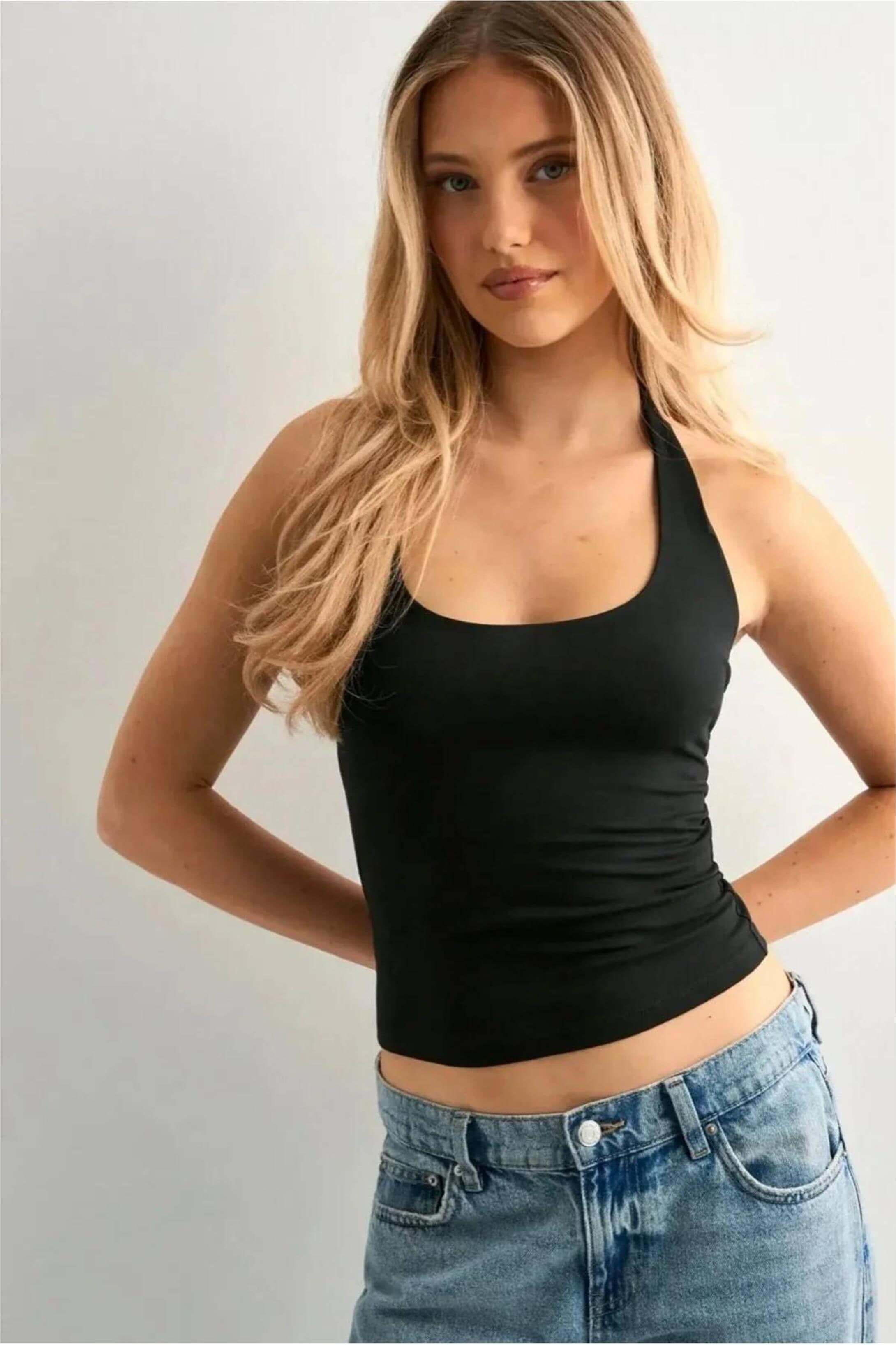 Kadın Halter Yaka Crop Top Body Siyah