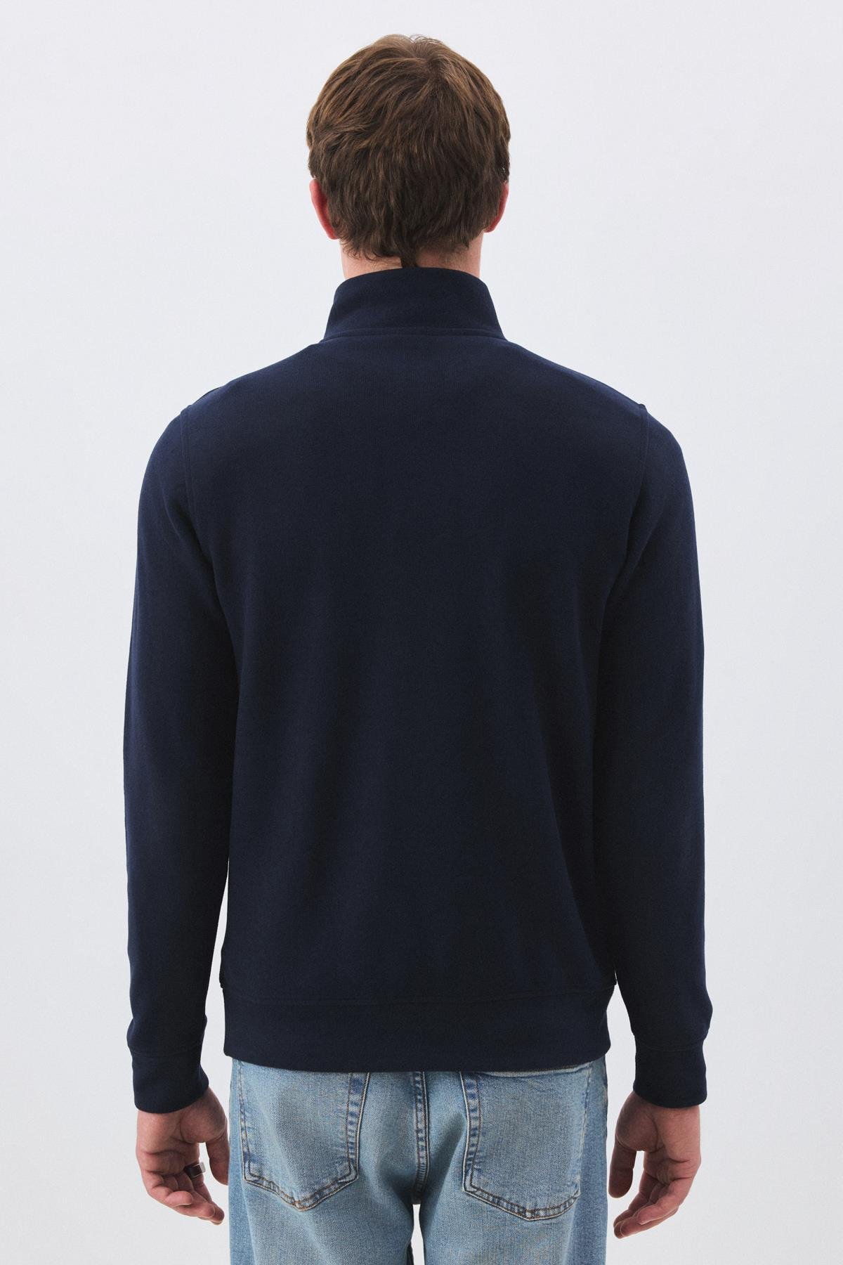 Erkek Standart Fit Pamuklu Selanik Kumaş Yarım Fermuarlı Dik Yaka Sweatshirt Lacivert