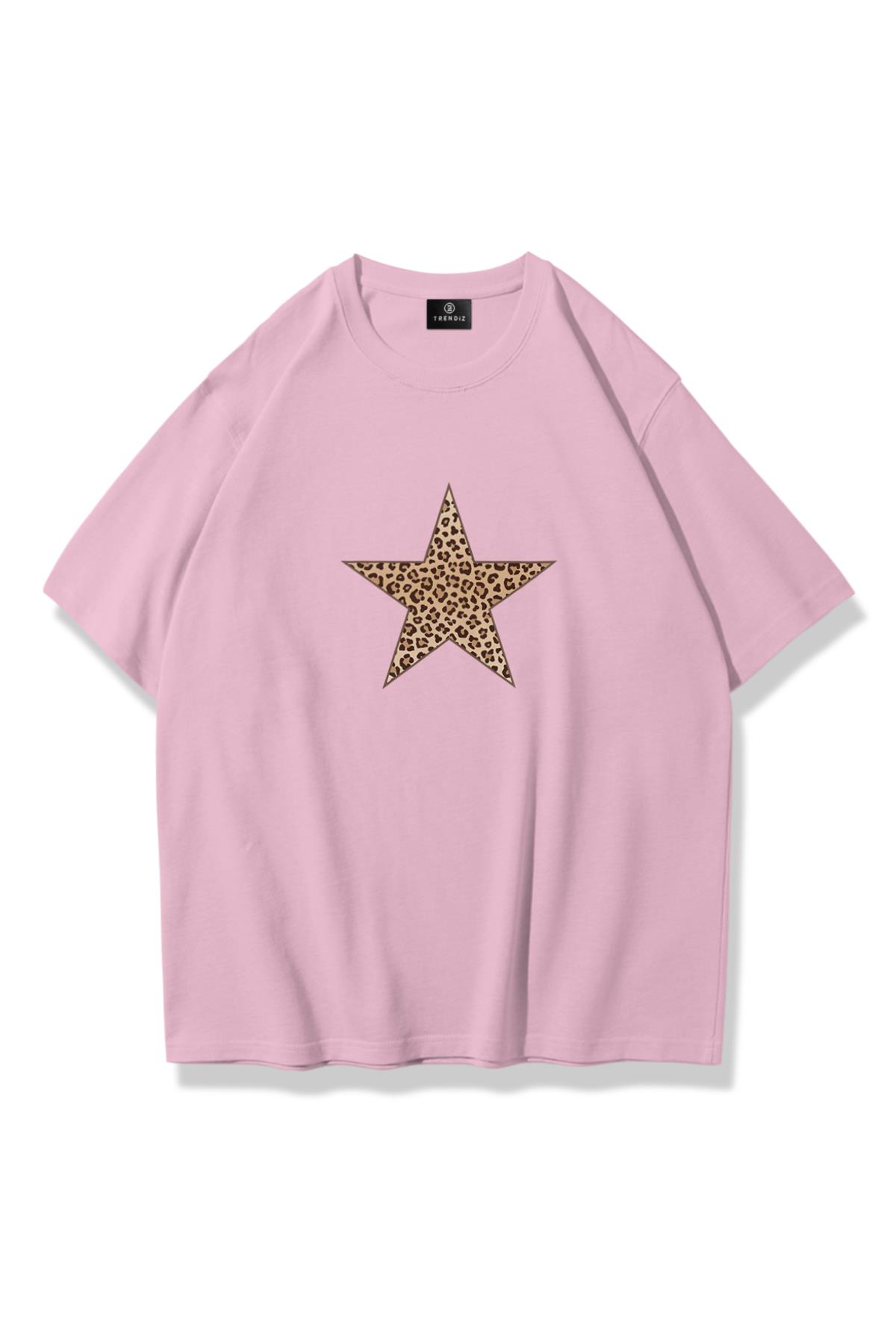Kadın Leopar Yıldız Tshirt Pembe