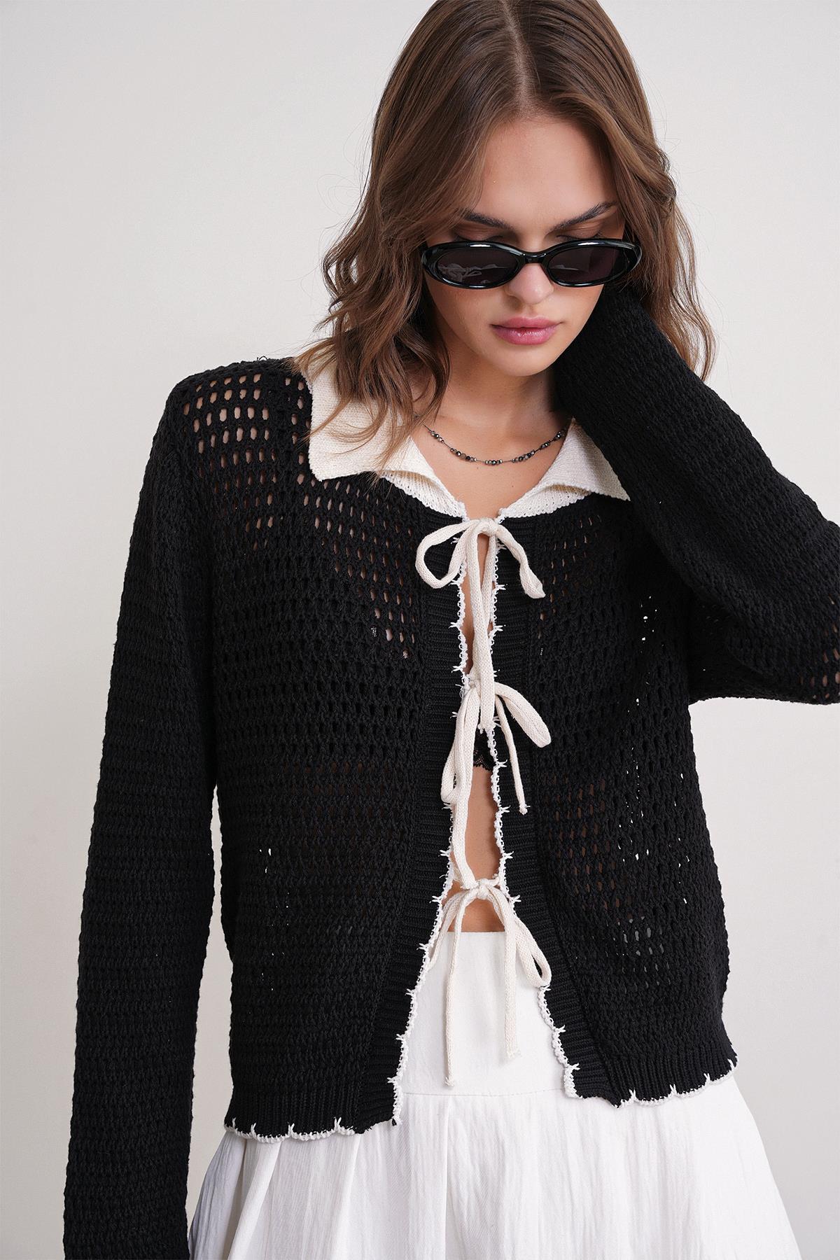 Kadın Ajurlu Bağlamalı Triko Hırka Siyah 6945