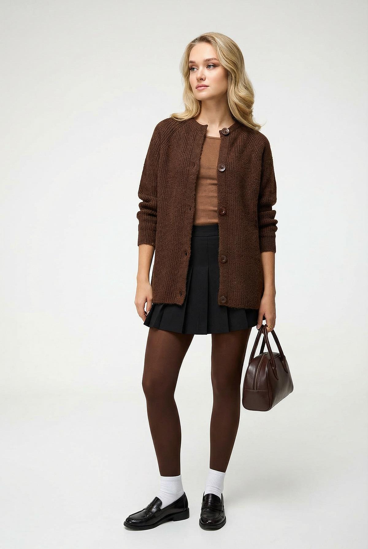 Kadın Yün Karışımlı Düğmeli Triko Hırka Kahverengi