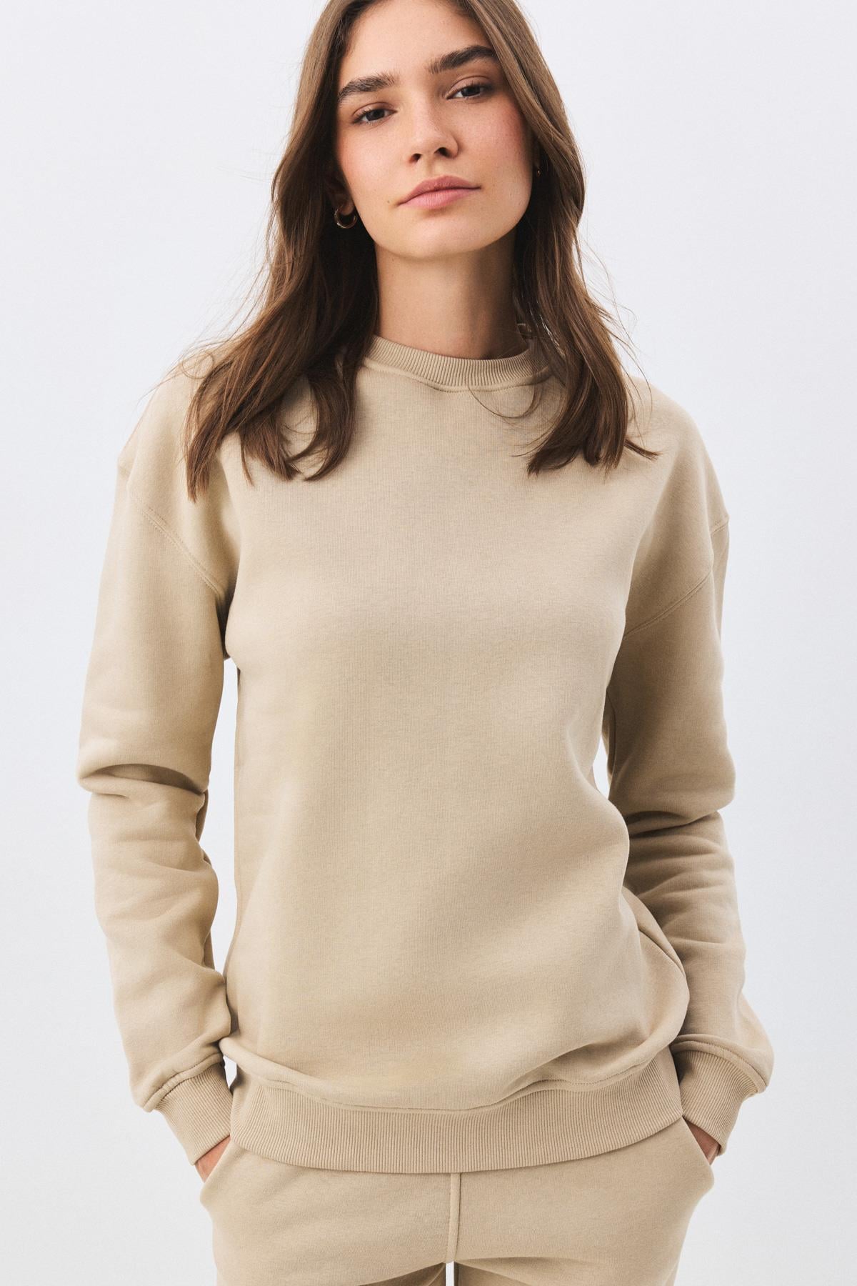 Kadın Premium Bisiklet Yaka Sweatshirt Taş 2031