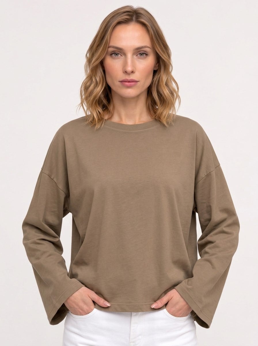 Kadın %100 Pamuk Bisiklet Yaka Uzun Kollu T-shirt Vizon