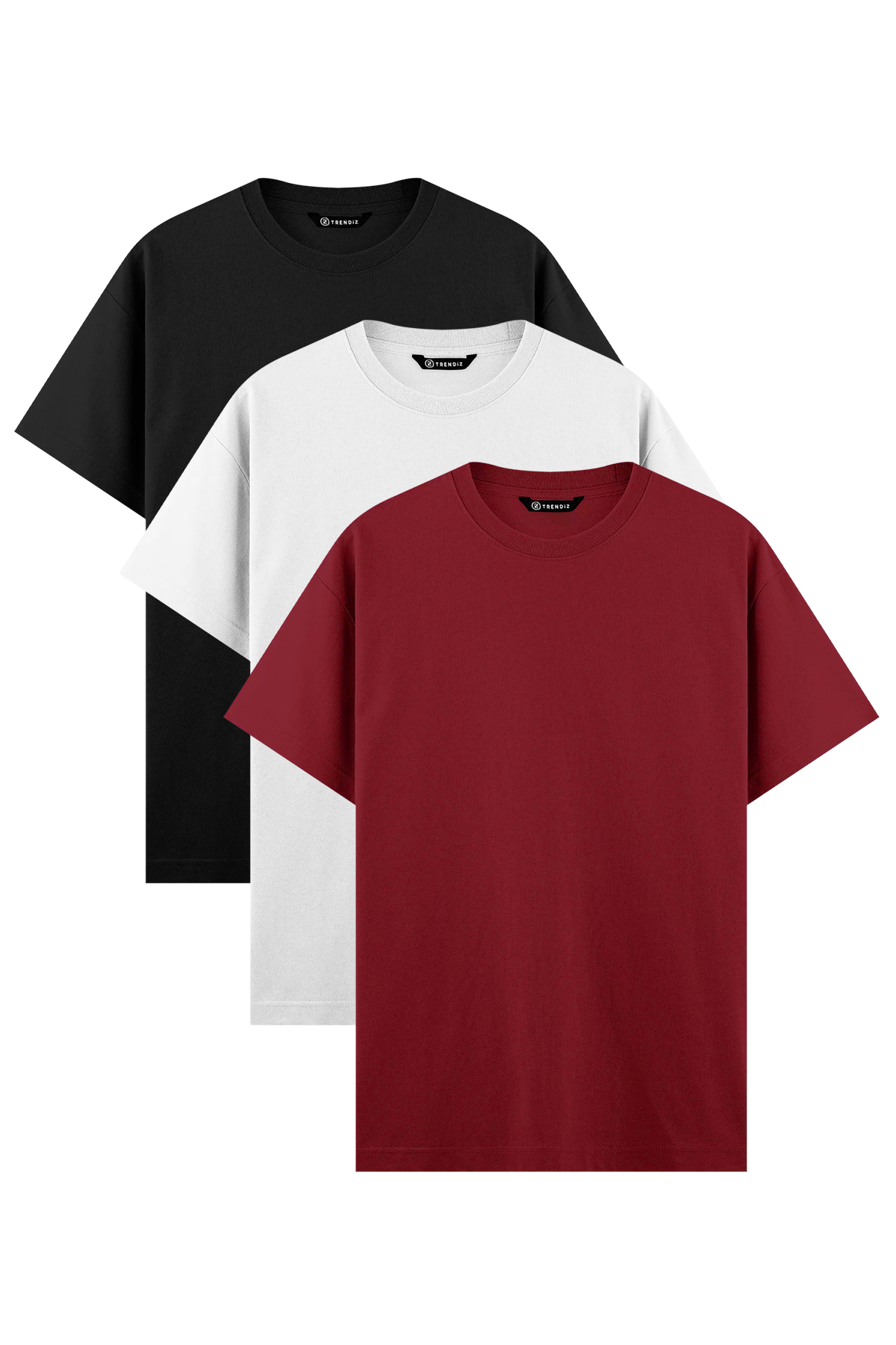 Erkek %100 Pamuk Basic Tshirt 3 lü Paket Siyah Beyaz Bordo 2091