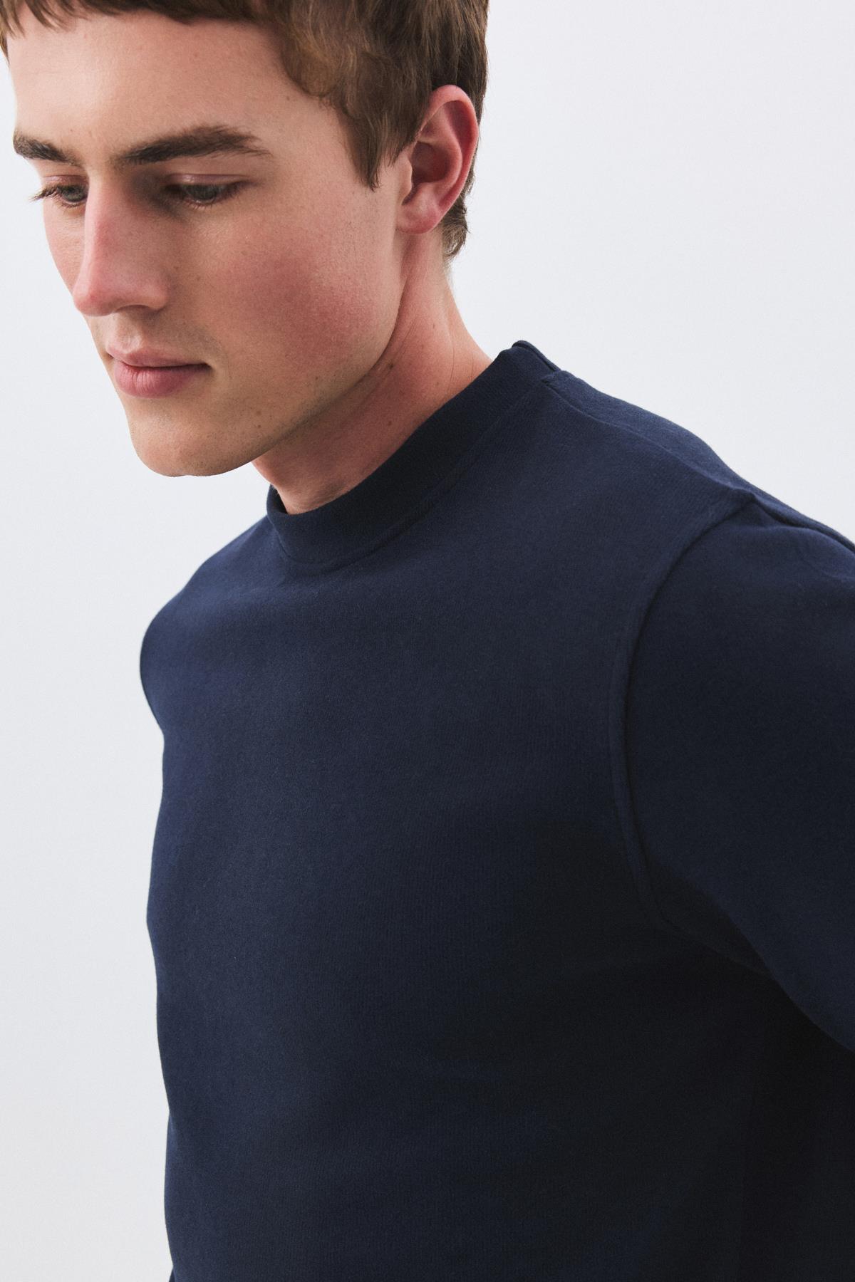 Erkek Slim Fit Pamuklu Selanik Kumaş Bisiklet Yaka Sweatshirt Lacivert