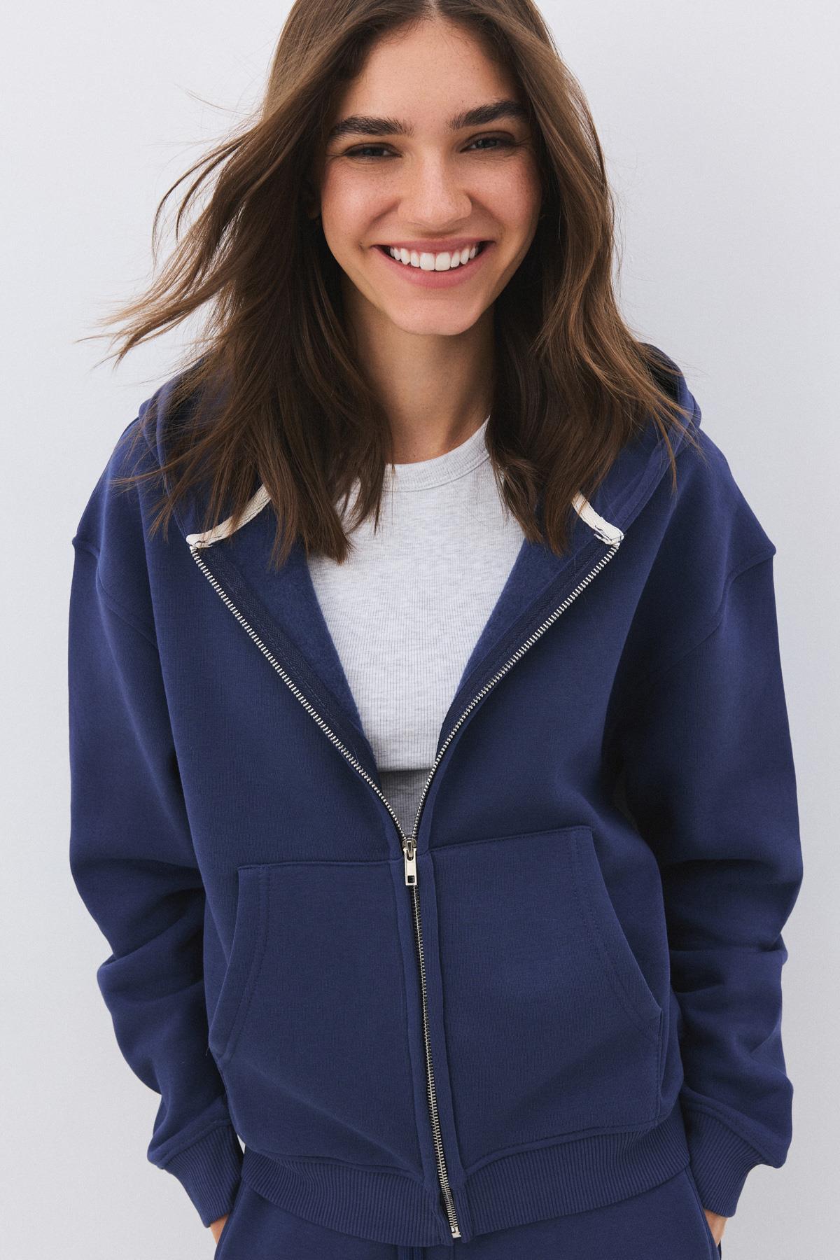 Kadın Premium Fermuarlı Kapşonlu Sweatshirt İndigo 2032