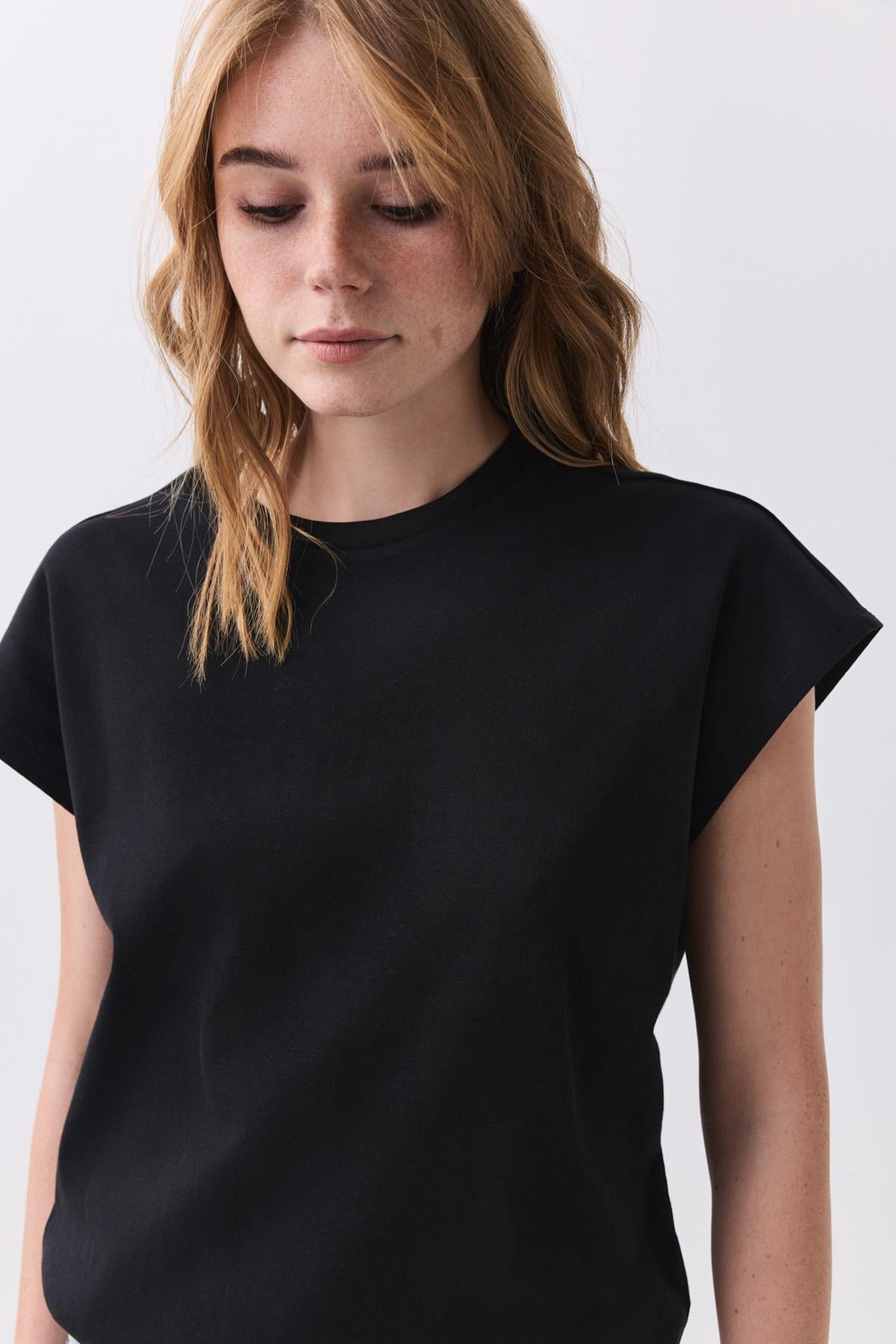 Kadın Karpuz Kol Basic Tshirt Siyah 5011
