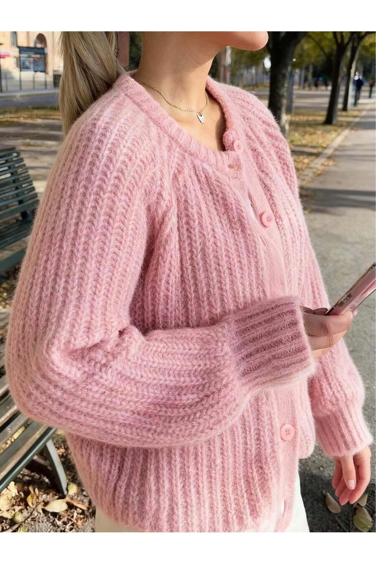 Kadın Yün Karışımlı Düğmeli Triko Hırka Pembe