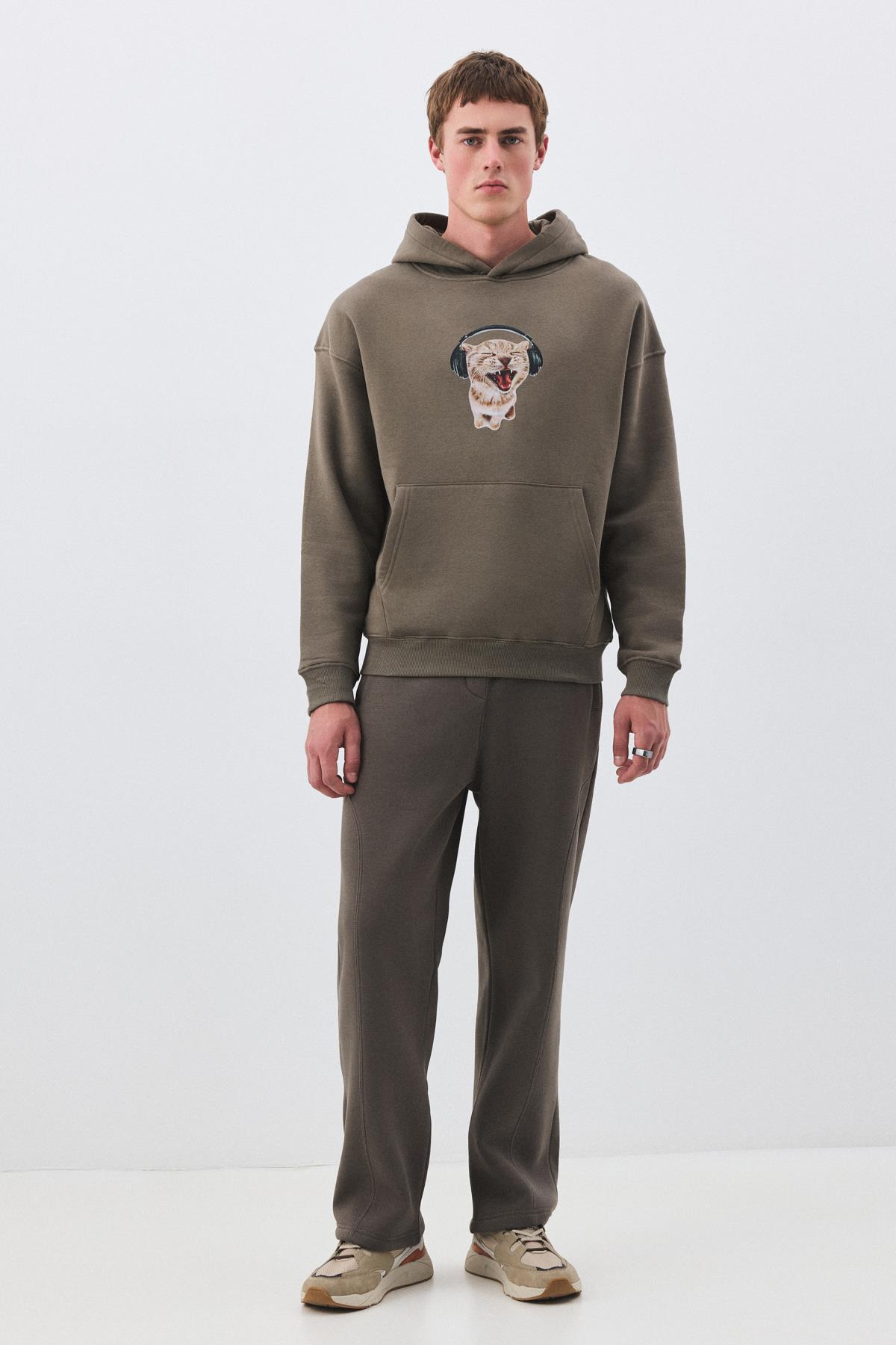 Unisex Kulaklıklı Kedi Sweatshirt Antrasit