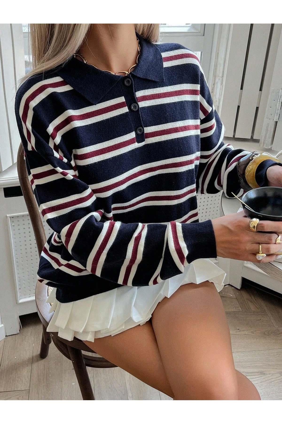 Kadın Çizgili Düğmeli Polo Yaka Triko Kazak Lacivert