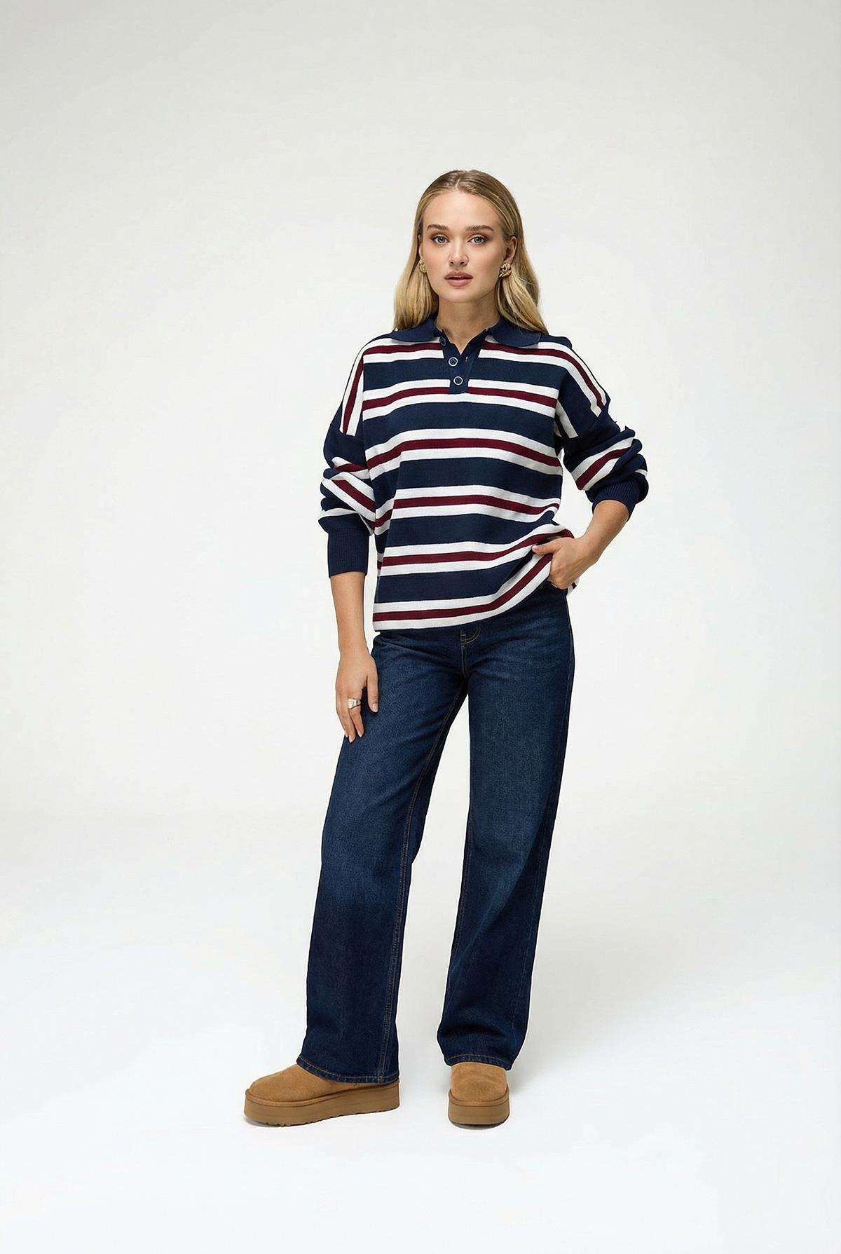 Kadın Çizgili Düğmeli Polo Yaka Triko Kazak Lacivert