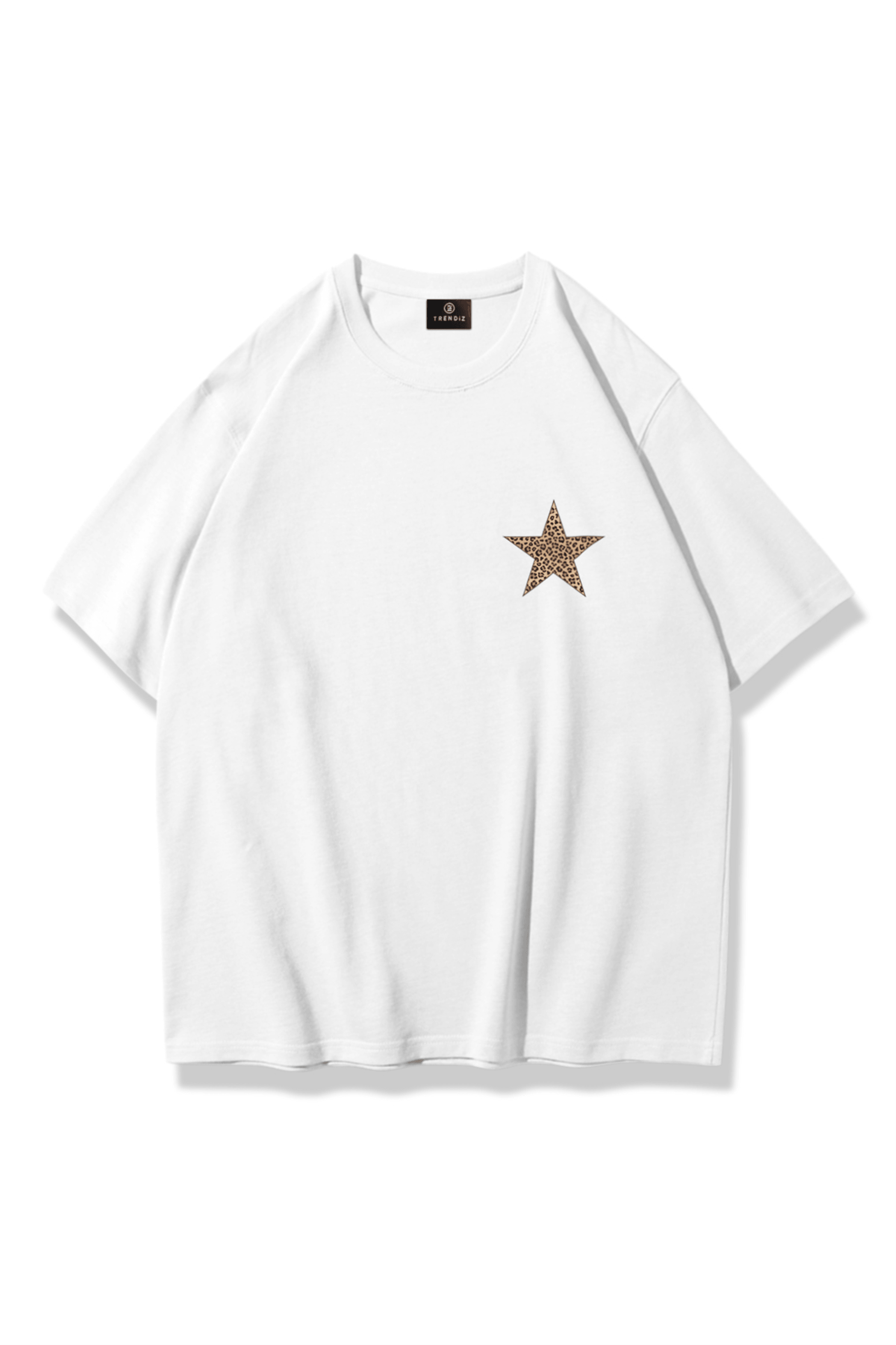 Kadın Leopar Yıldız Göğüs Tshirt Beyaz