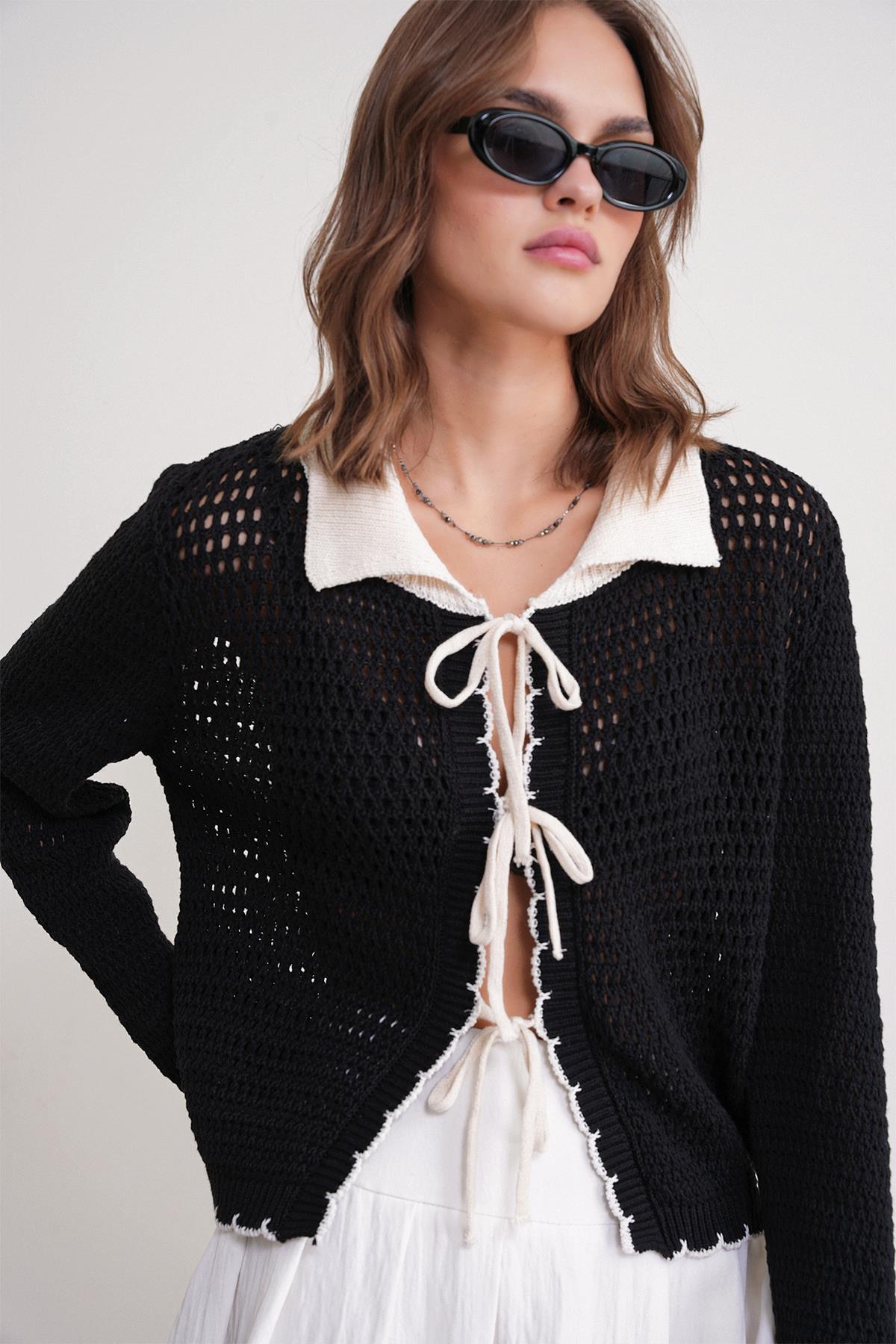 Kadın Ajurlu Bağlamalı Triko Hırka Siyah 6945