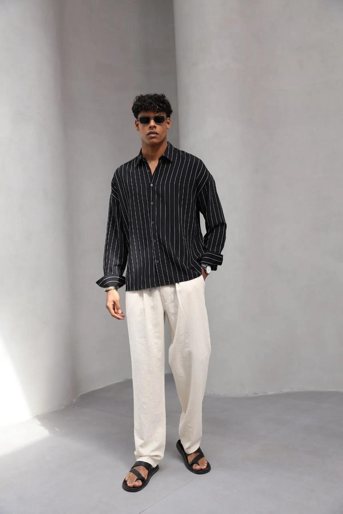 Erkek Premium Yumuşak Dokulu Çizgili Gömlek Siyah