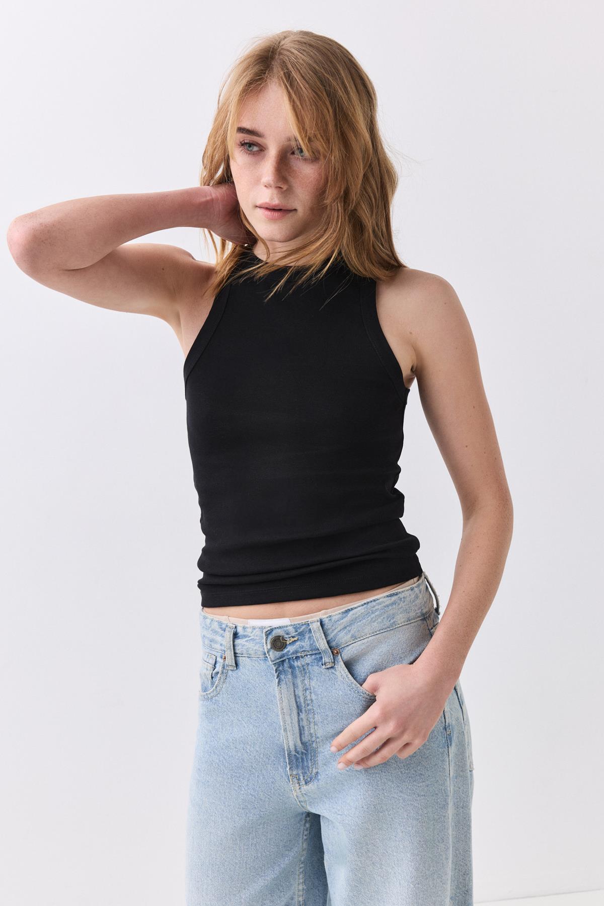 Kadın Pamuklu Askılı Halter Yaka Basic Atlet Siyah 9011