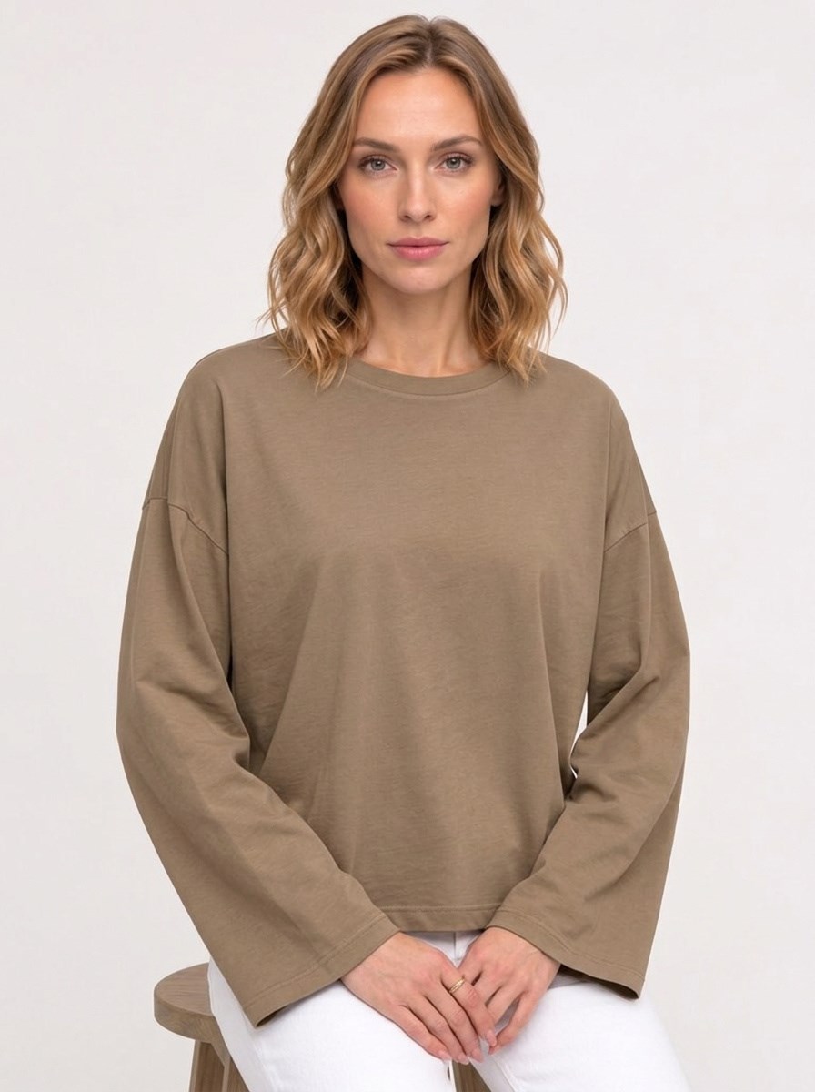Kadın %100 Pamuk Bisiklet Yaka Uzun Kollu T-shirt Vizon