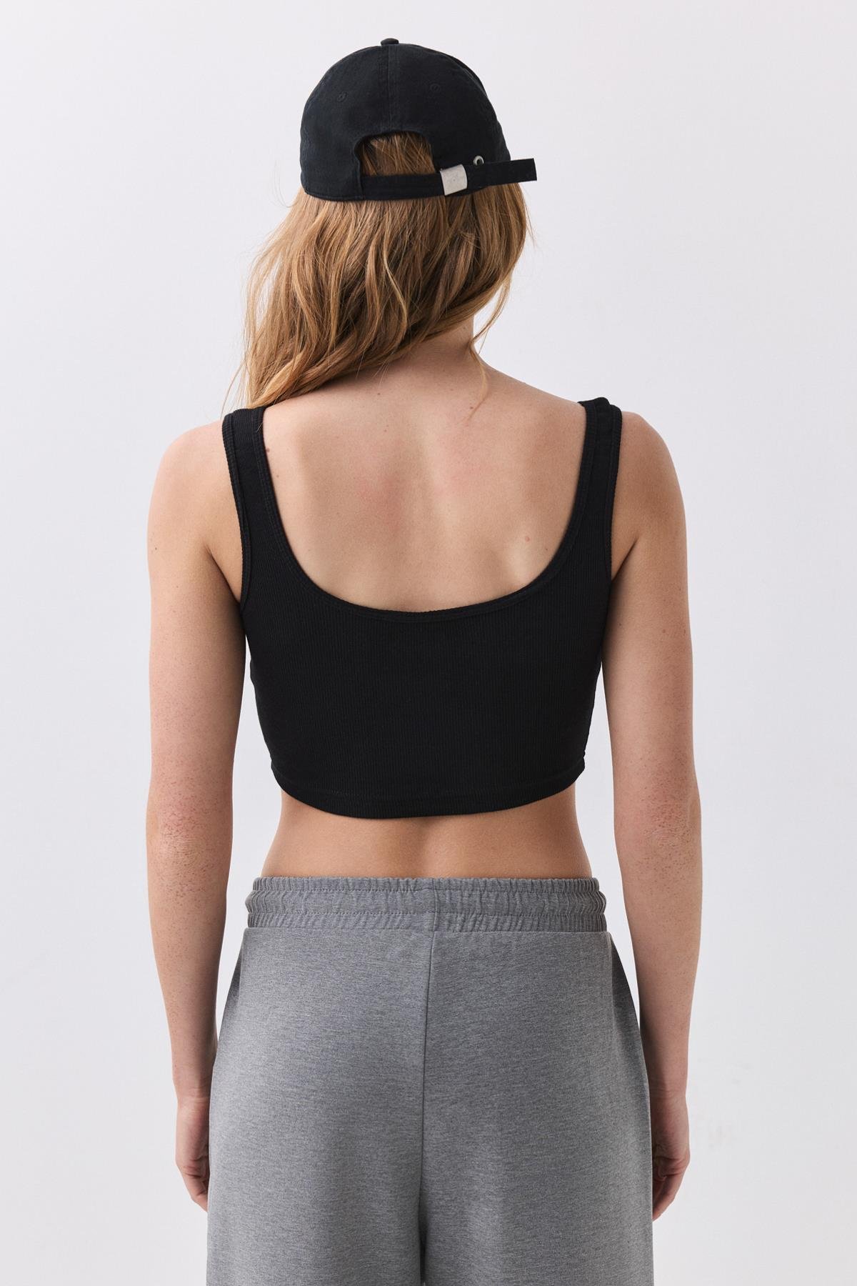 Kadın Askılı Kısa Crop Top Atlet Siyah 9015