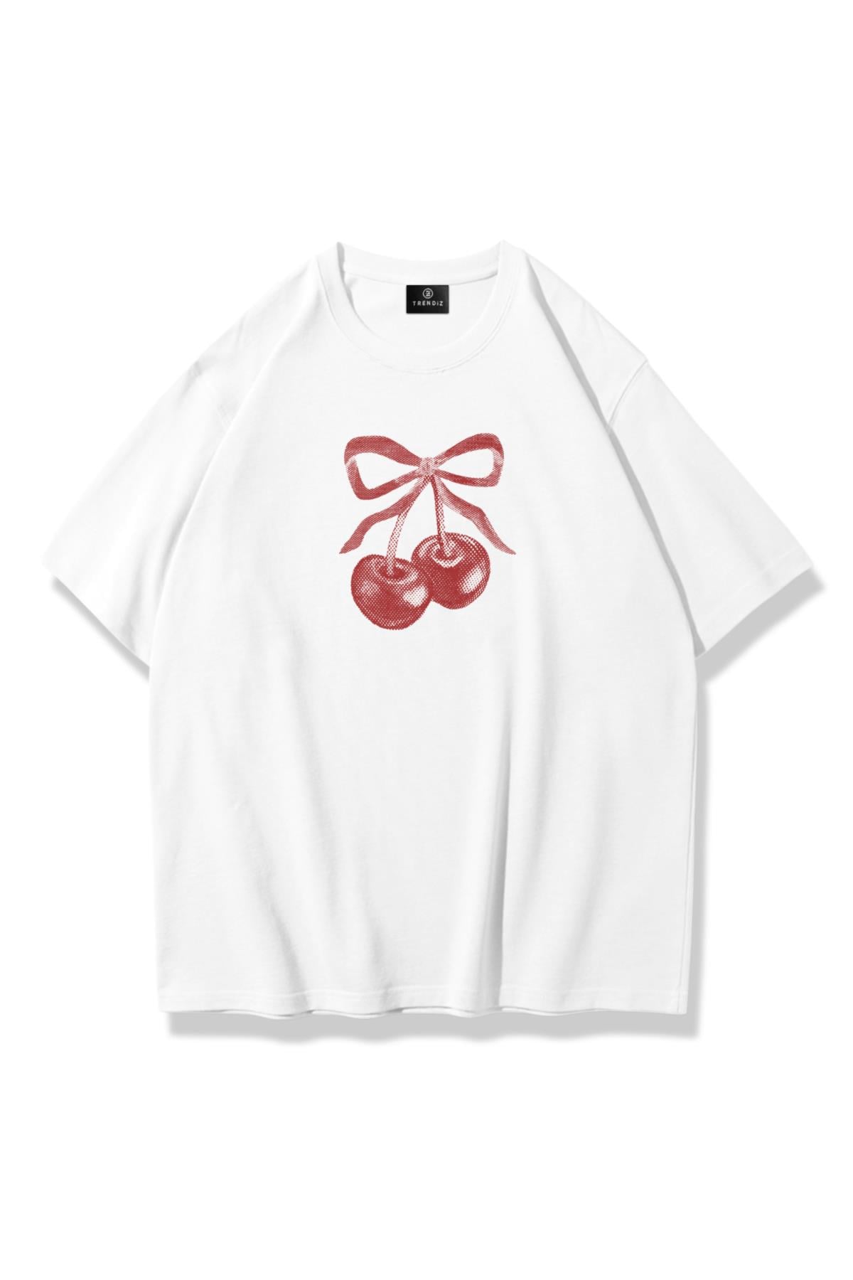 Unisex Kiraz Kurdele Tram Tshirt Beyaz