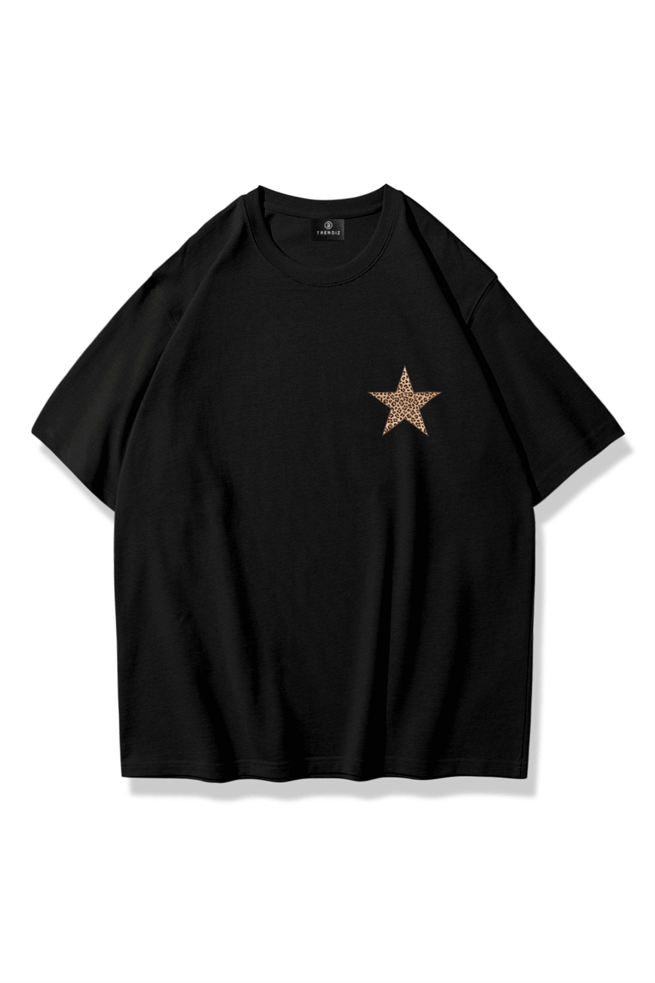 Kadın Leopar Yıldız Göğüs Tshirt Siyah