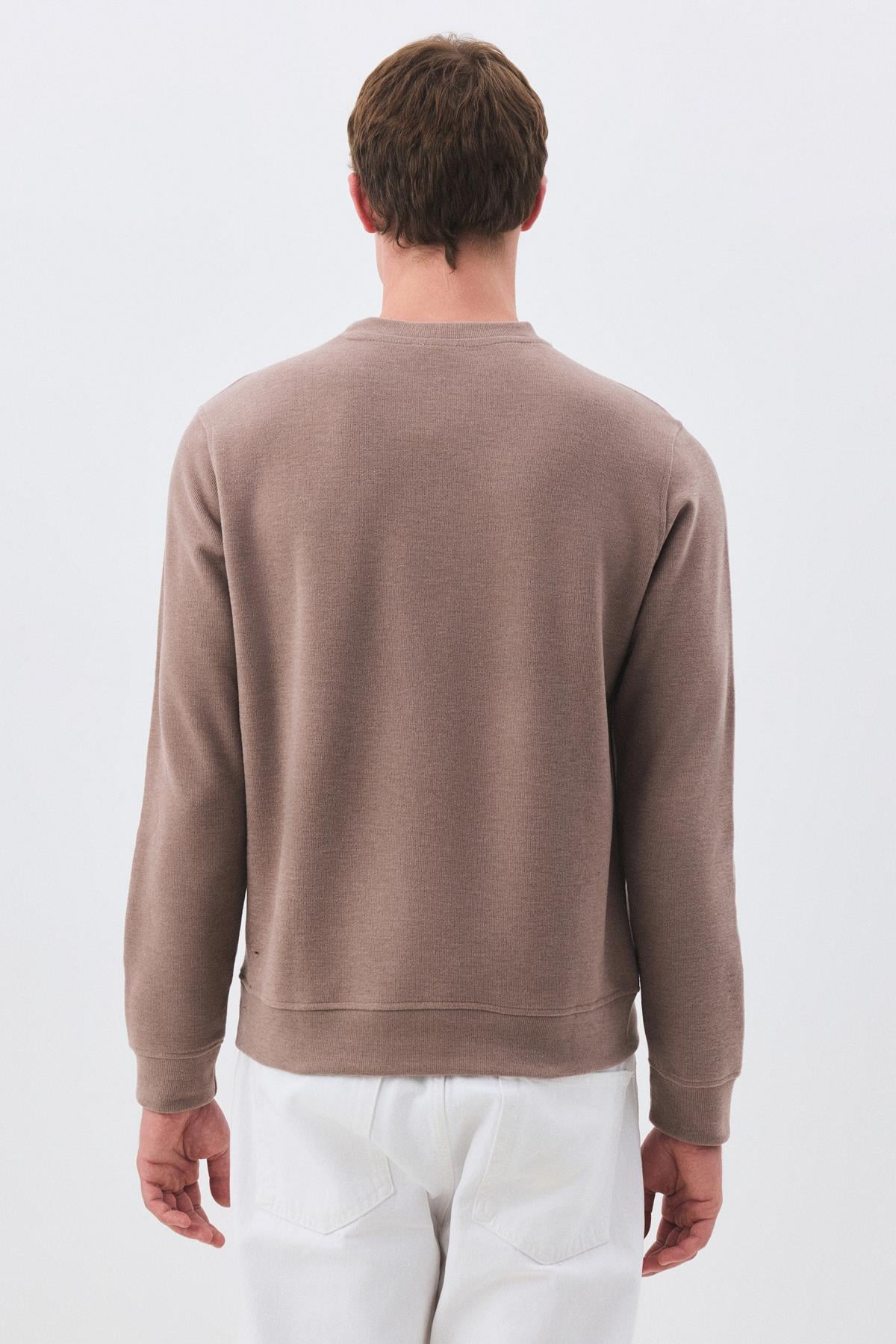 Erkek Slim Fit Pamuklu Selanik Kumaş Bisiklet Yaka Sweatshirt Camel