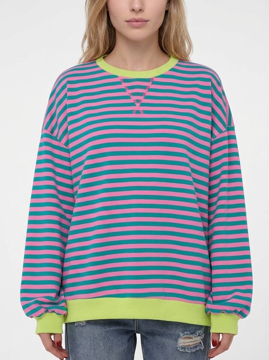 Kadın Çizgili Ribanalı Oversize Sweatshirt Turkuaz Pembe